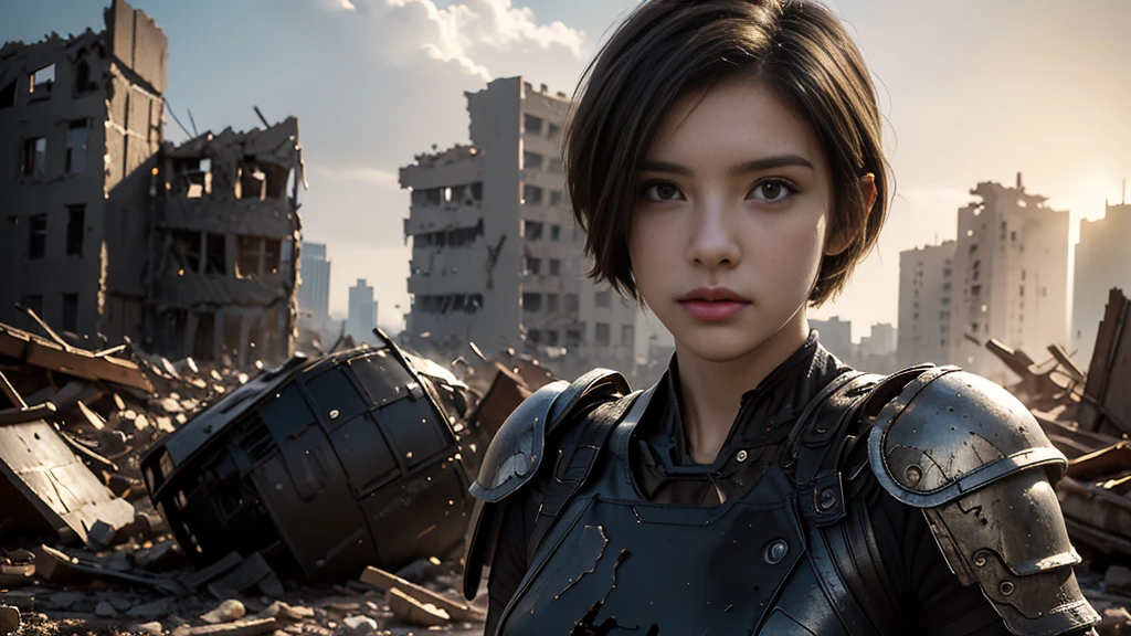 masterpiece,  high resolution ,8K,( Portrait Photos:1.5),(R Original Photo),Reality,Digital Photography,(Ruins of the Apocalypse  ),City ruins，20 year old pretty female ，Short hair，Shut up，  post-apocalyptic scene ， Upper body photography ，Damaged Armor，Full figure