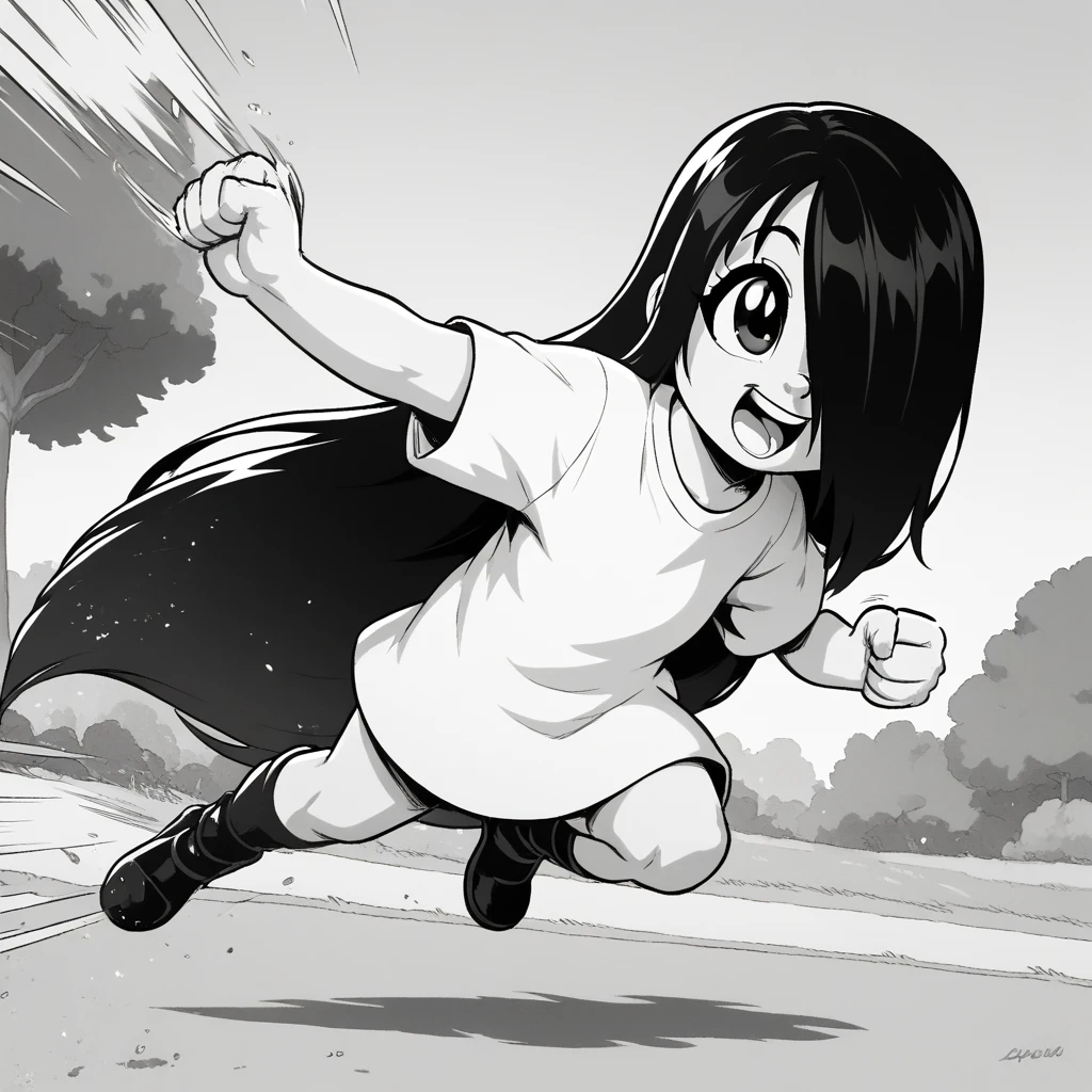 score_9, score_8, score_9, BREAK, solo, erma, long hair, hair over one eye, swinging, outdoors, cute, greyscale