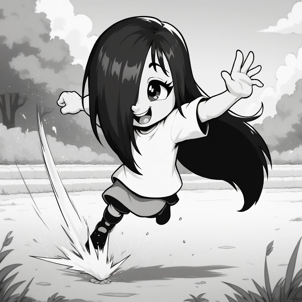 score_9, score_8, score_9, BREAK, solo, erma, long hair, hair over one eye, swinging, outdoors, cute, greyscale