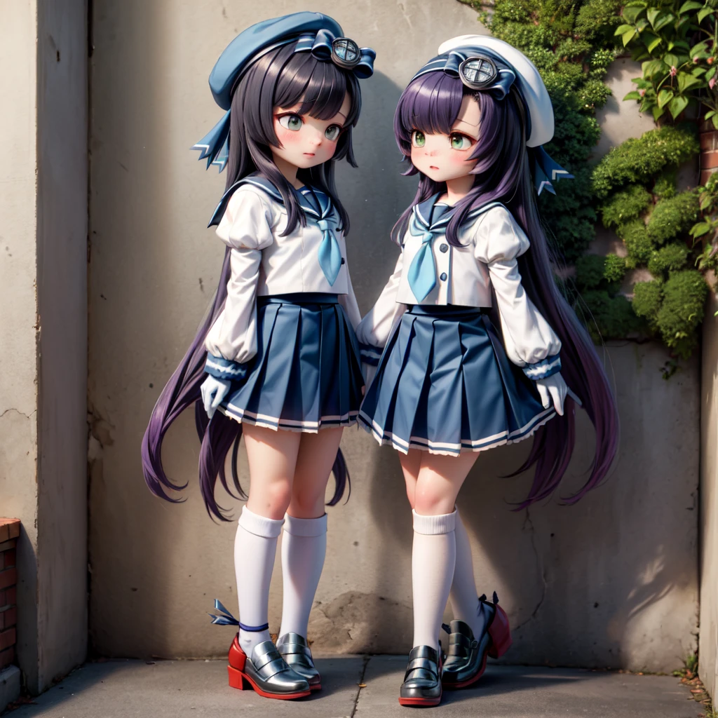 matsuwa, freckles, very long hair, purple hair, school uniform, hat, blue ribbon, blue sailor collar, blue neckerchief, juliet sleeves, long sleeves, white gloves, blue skirt, pleated skirt, kneehighs, white socks, shoes, grey footwear,