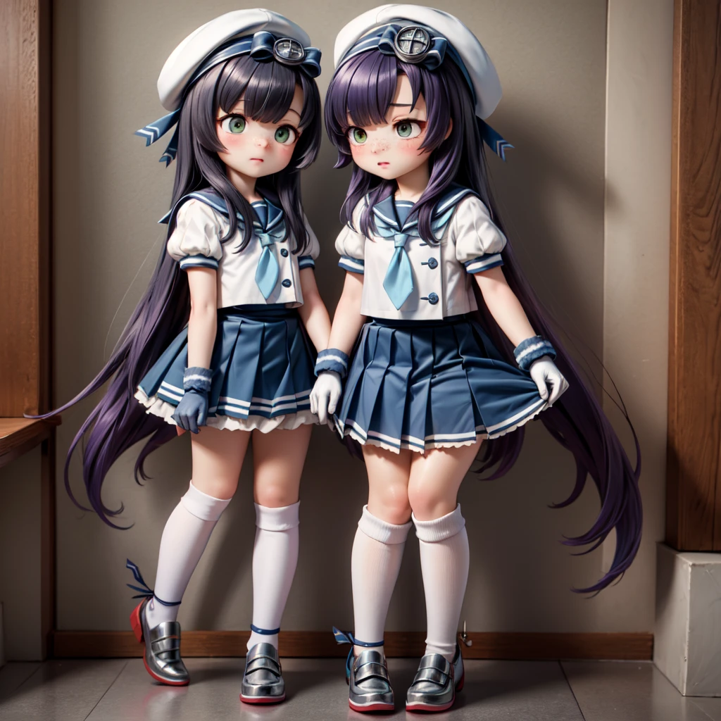 matsuwa, freckles, very long hair, purple hair, school uniform, hat, blue ribbon, blue sailor collar, blue neckerchief, juliet sleeves, short sleeves, white gloves, blue skirt, pleated skirt, kneehighs, white socks, shoes, grey footwear,
