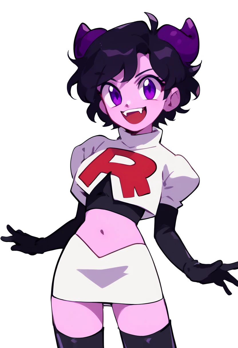 jellybean_yt, solo, looking at viewer, smile, short hair, open mouth, black hair, 1girl, white background, purple eyes, female focus, horns, teeth, colored skin, fangs, team rocket,team rocket uniform,white skirt,red letter R,crop top,black thigh-highs,black elbow gloves, source