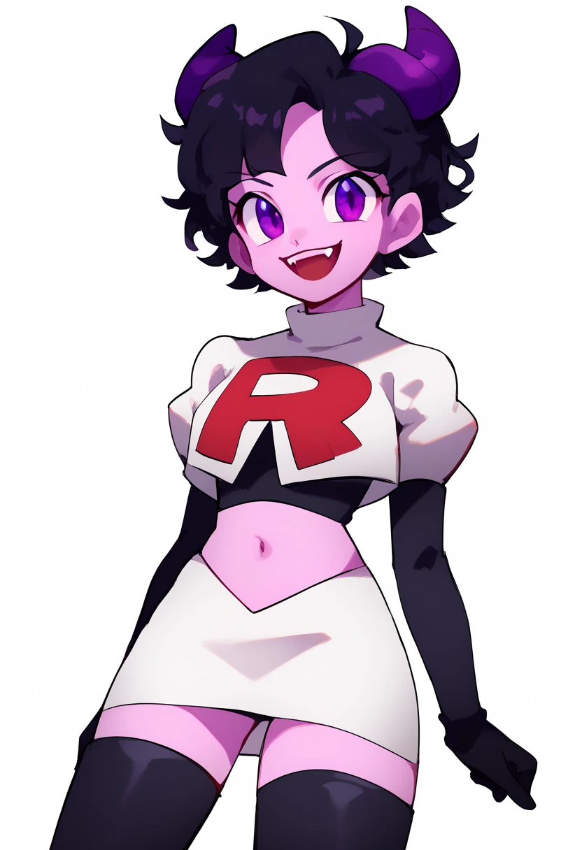 jellybean_yt, solo, looking at viewer, smile, short hair, open mouth, black hair, 1girl, white background, purple eyes, female focus, horns, teeth, colored skin, fangs, team rocket,team rocket uniform,white skirt,red letter R,crop top,black thigh-highs,black elbow gloves, source