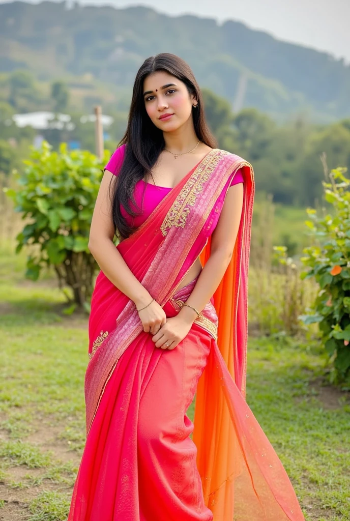 (cold girl, beautiful teenage,:18.7 (confidence,:4.5, smile,:0.0, ((diamond body shape)), weight,:57.7kg plus size body,:0.8.5, wearing silk saree colour heavy light pink in forest had to legs view (RateRacing quality 99999million pixels Realistic Body