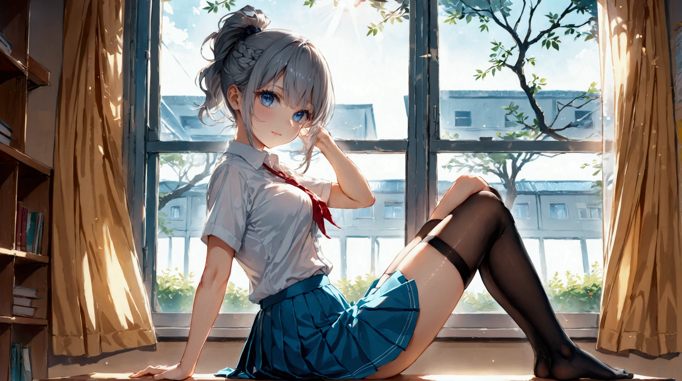 1 Girl, School girl, student, dark blue pleated skirt, skirt, white button shirt that's tucked, black thigh highs, stockings, short hair, back knot hair, grey hair, braided side to ponytail, short ponytail, asymmetrical bangs, turquoise eye color, turquoise eyes, human, cute, sexy, front facing, facing camera, facing viewer front, view, sitting, sitting on desk, legs crossed, classroom, window, sunlight, hands above head, cute pose, full body, master piece, best quality, sharp lines, 8k, 8k Ultra HD, bokeh, blurred back ground, f/2.8 Aperture, depth of field