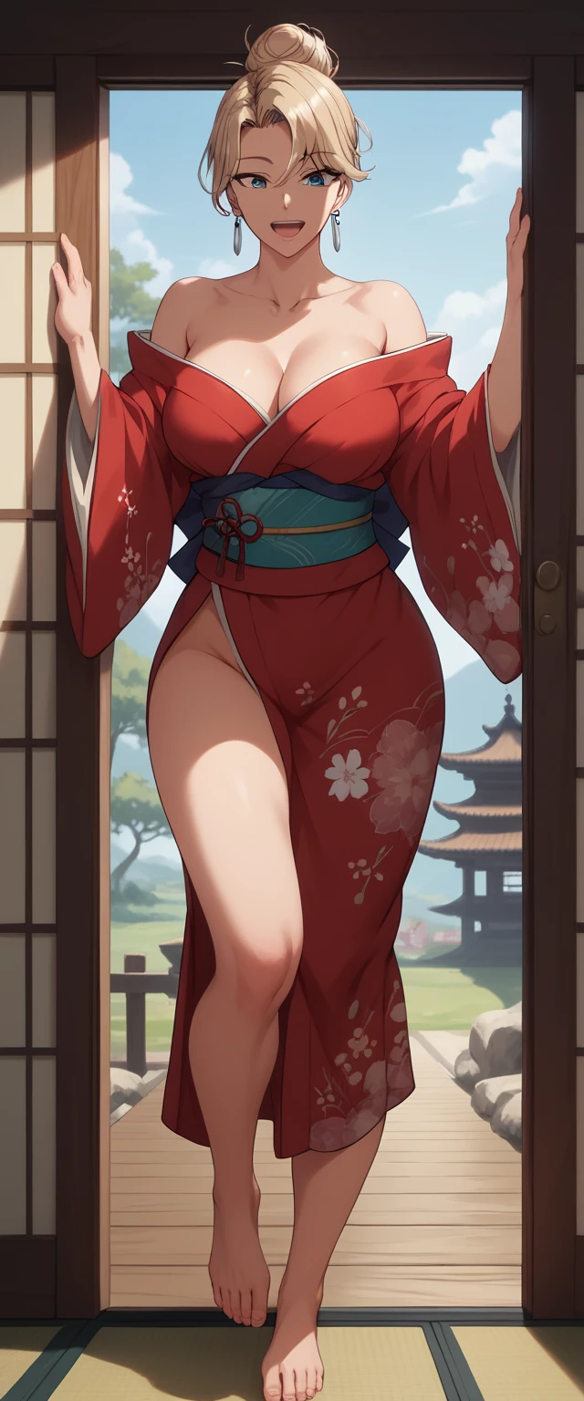 1womanl, (tmasterpiece: 1.3),Beautiful mature Japanese woman, detailed finger, beautiful hand, hyper realisitc, 1womanl, (Sagging breasts, Bewitching body: 1.2) brunette color hair: 1.1, Super detailed face, Detailed lips, Detailed eyes, 二重まぶた, Sexy low-cut neckline kimono, Open neckline,The red fur coat on the chest was torn,Belly leaking,There is a fan butterfly tattoo on the belly,Lower body thigh panties leaking out, Sagging chest, Side posture, visible curves,full body1:1