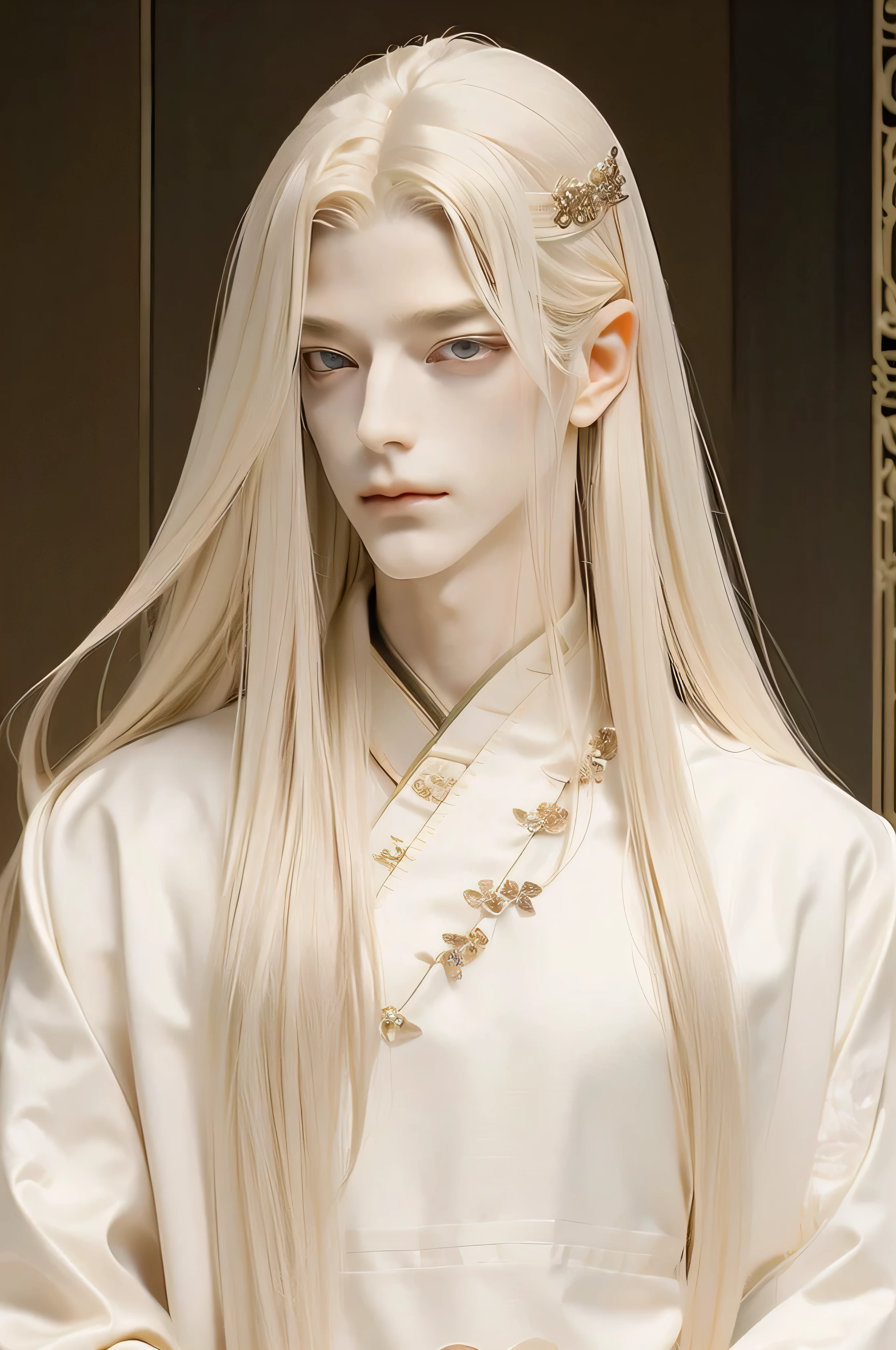 A pretty handsome, delicate, Skinny Male, Very long light blonde hair, ((his eyes are red)), Slender and thin body, (((Full body))), Delicate and soft facial features, Soft_light, pointy ears, ((sinister grin on his face)), he's wearing white long chinese hanfu, proud and powerful prince