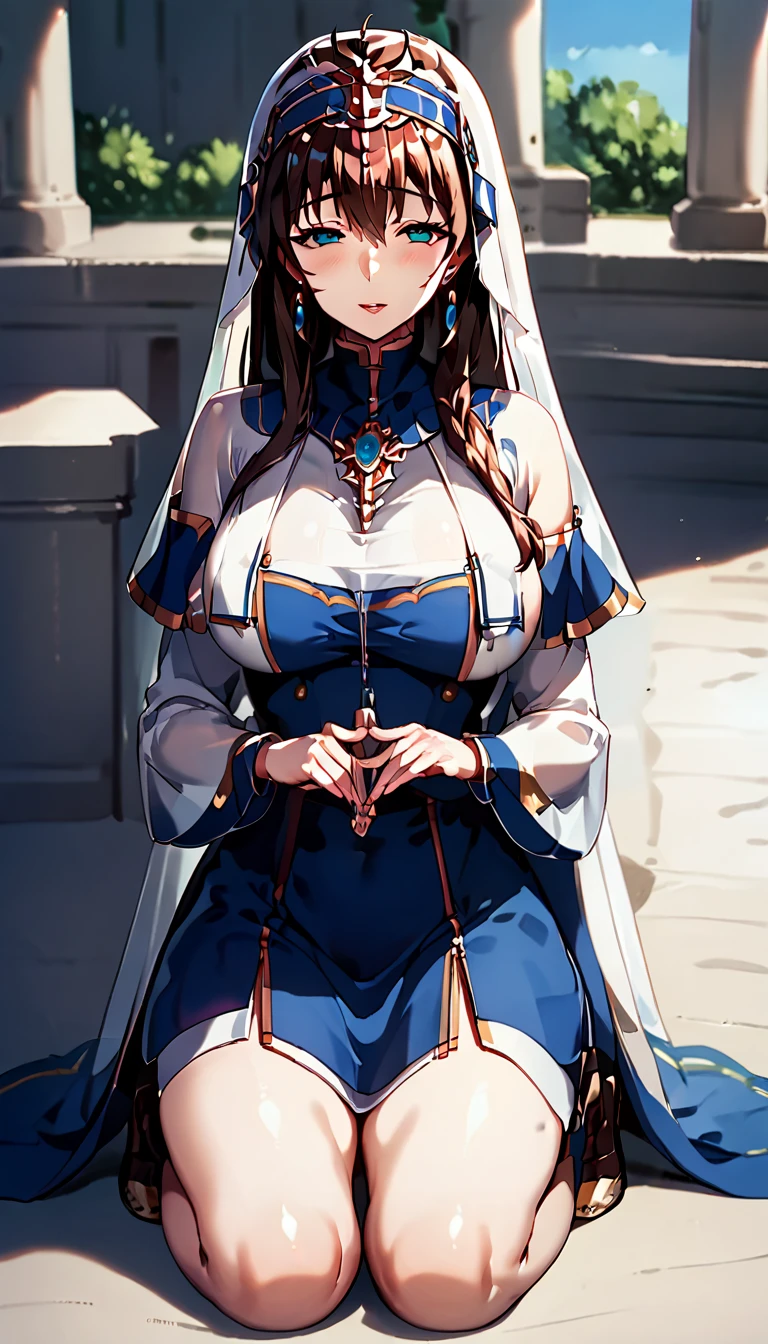 1 MATURE WOMAN , Seiko Ayase , perfect body incredible curves  ,  wearing a priestess uniform ,  in a temple ,  with no expression on her face controlled by you by the mind mental reprogramming,   she is kneeling down looking at you waiting for your command  