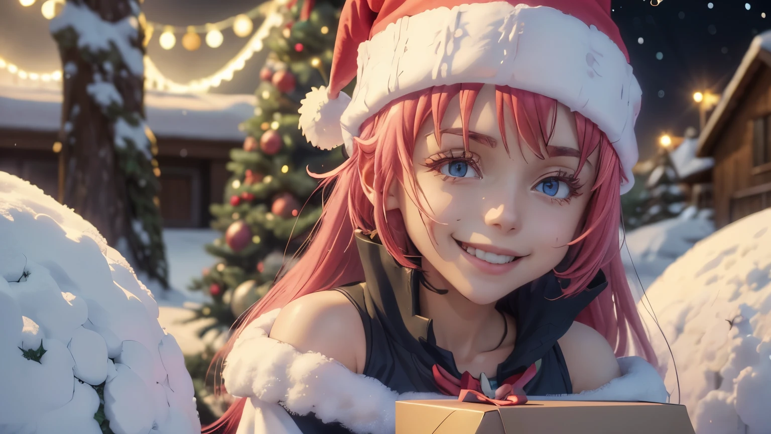 Milim Nava, A cute character milim nava wearing a festive Christmas hat, smiling, Christmas-themed environment, 4k, ultra-detailed, photorealistic, intricate details, warm lighting, snow, Christmas tree, presents, winter forest, magical atmosphere