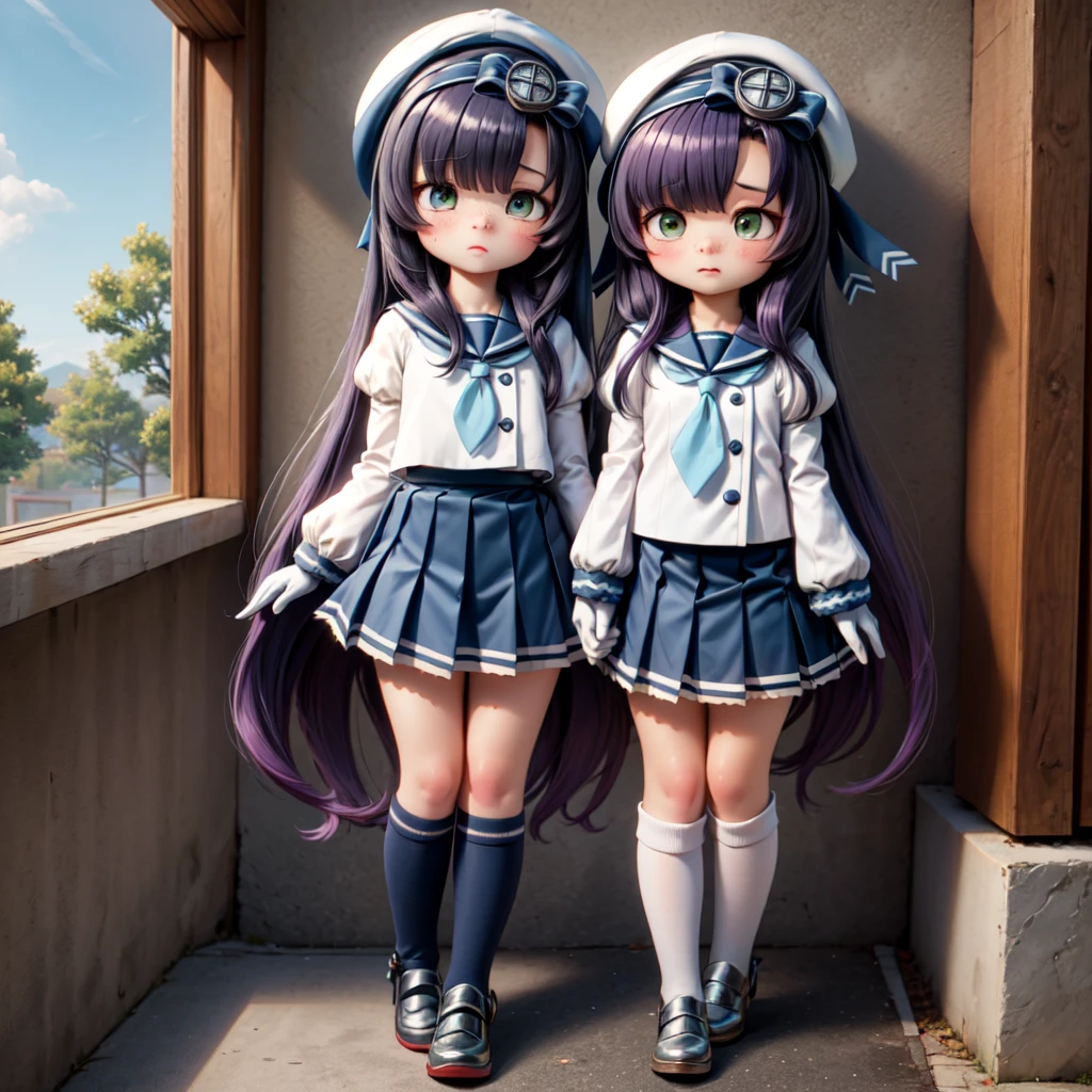 matsuwa, freckles, very long hair, purple hair, school uniform, hat, blue ribbon, blue sailor collar, blue neckerchief, juliet sleeves, long sleeves, white gloves, blue skirt, pleated skirt, kneehighs, white socks, shoes, grey footwear,