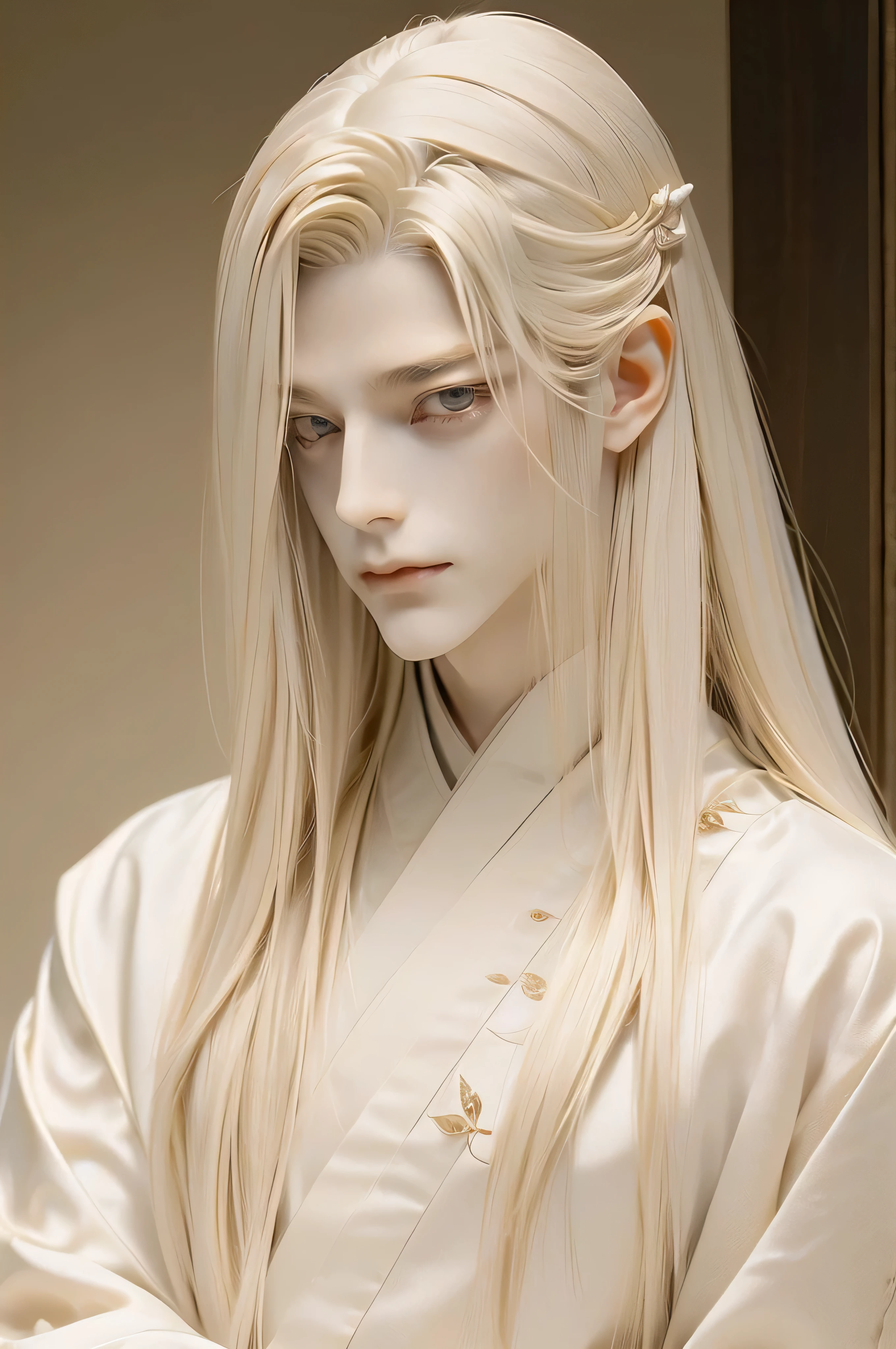 A pretty handsome, delicate, Skinny Male, Very long light blonde hair, ((his eyes are red)), Slender and thin body, (((Full body))), Delicate and soft facial features, Soft_light, pointy ears, ((sinister grin on his face)), he's wearing white long chinese hanfu, proud and powerful prince