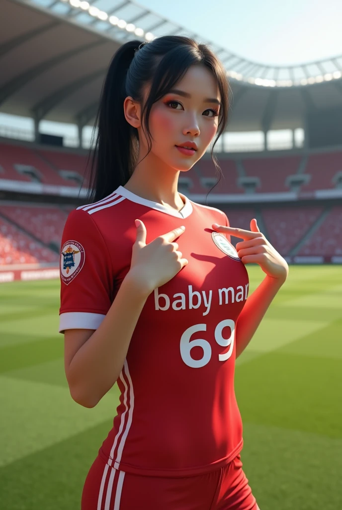 Photo of a woman sitting on a sofa in the living room, holding a can of beer and watching soccer, watch soccer on tv screen, exquisite beautiful woman (ultra detail, masterpiece, best quality), Long brown hair tied back, ring hair, black eye, Wearing a red Red Devils cheering uniform, white shorts and leggings. (ultra detail, masterpiece, best quality), There is a large flat-screen TV screen on the wall.(ultra detail, masterpiece, best quality), They&#39;re showing something on TV (Soccer: 1.5) Match the modern living room background, photorealism