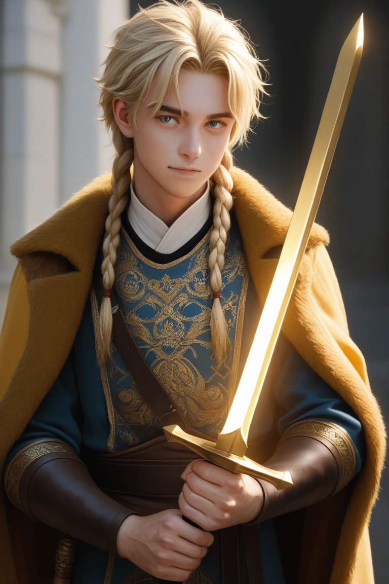  A 20-year-old boy with blond hair and braids, with a big golden sword 