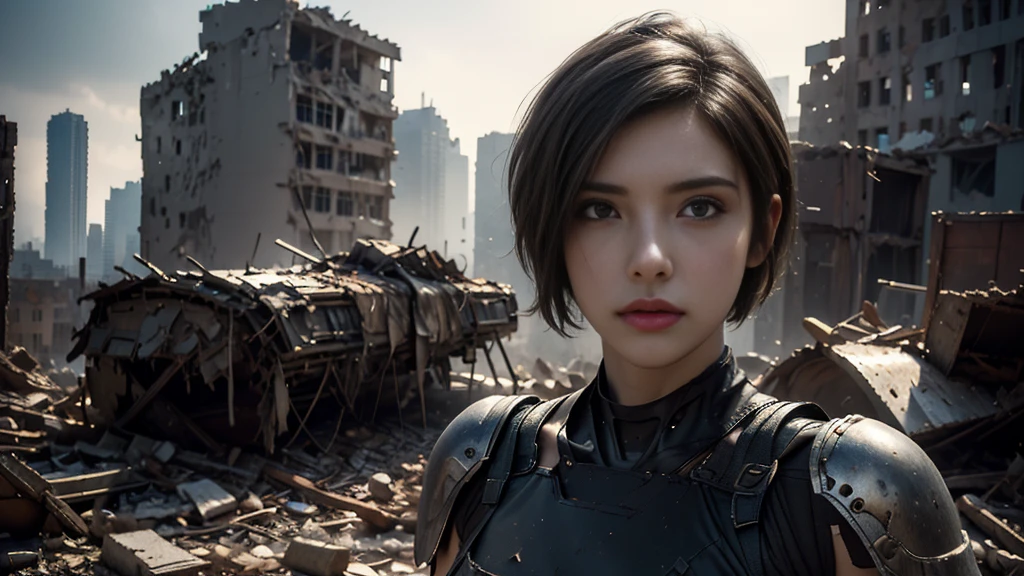 masterpiece,  high resolution ,8K,( Portrait Photos:1.5),(R Original Photo),Reality,Digital Photography,(Ruins of the Apocalypse  ),City ruins，20 year old pretty female ，Short hair，Shut up，  post-apocalyptic scene ， Upper body photography ，Damaged Armor，Full figure