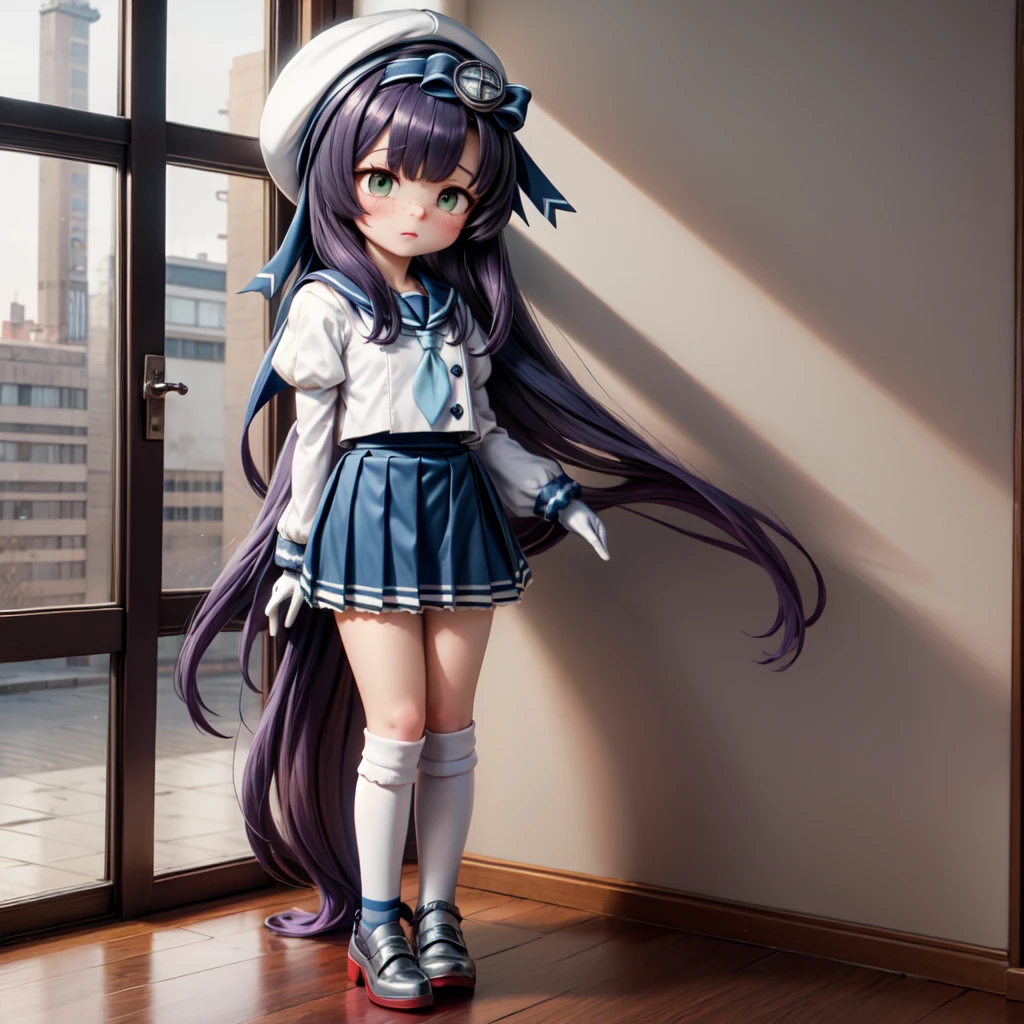 1girl, matsuwa, freckles, very long hair, purple hair, school uniform, hat, blue ribbon, blue sailor collar, blue neckerchief, juliet sleeves, long sleeves, white gloves, blue skirt, pleated skirt, kneehighs, white socks, shoes, grey footwear,