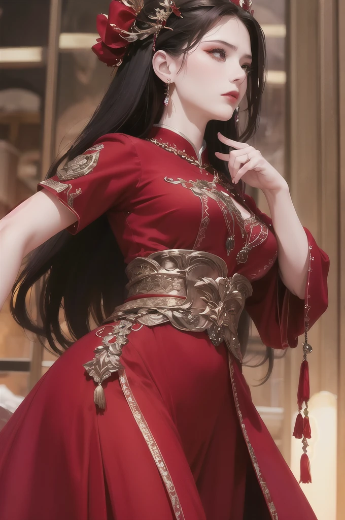 best quality, masterpiece, highres, official art, extremely detailed cg unity 8k wallpaper, 1girl, long hair, jewelry, hair ornament, realistic, she's wearing the traditional chinese red wedding gown, full body, she looks angry