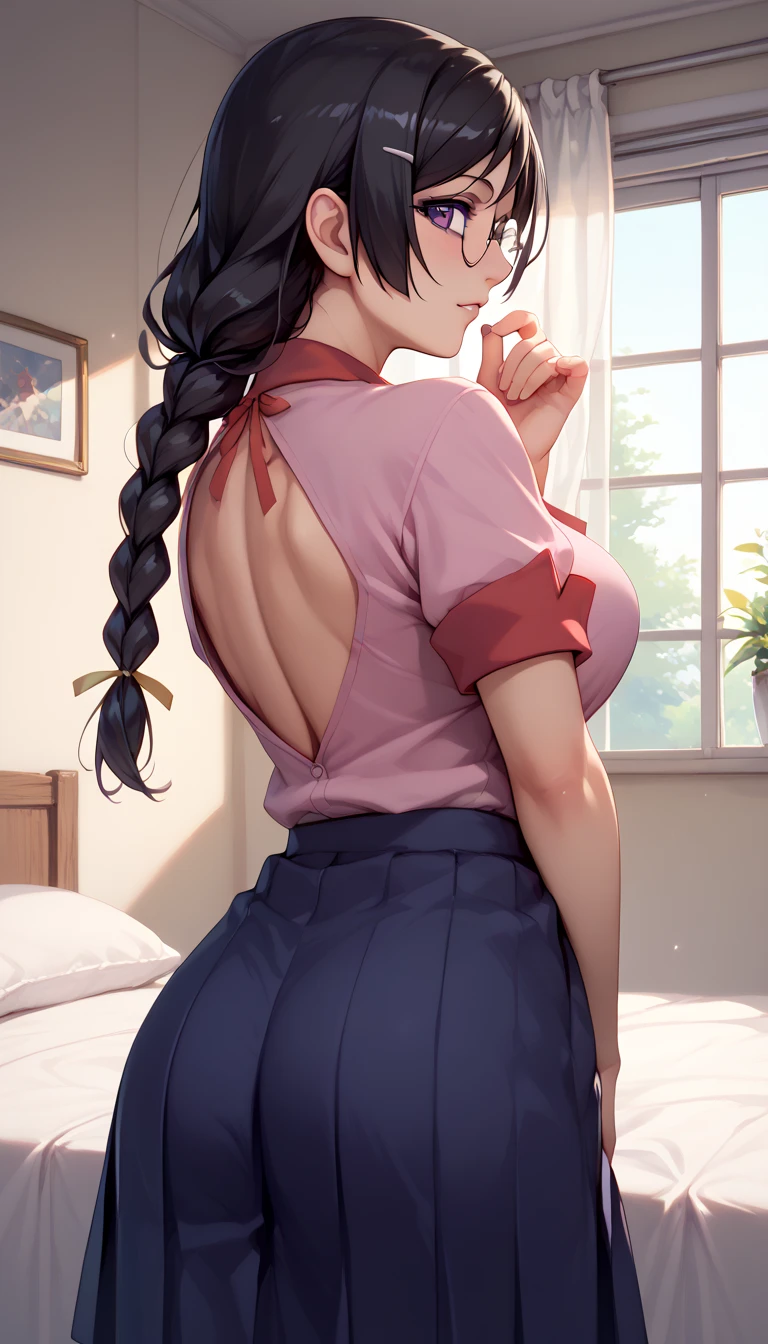 Erotic NSFW,(masterpiece), beautifully and in detail,ishigaki takashi Styles, tsubasa hanekawa,Black hair braided,Purple Eyes,Glasses,Big Breasts, school uniform, back view, from behind,bedroom,front