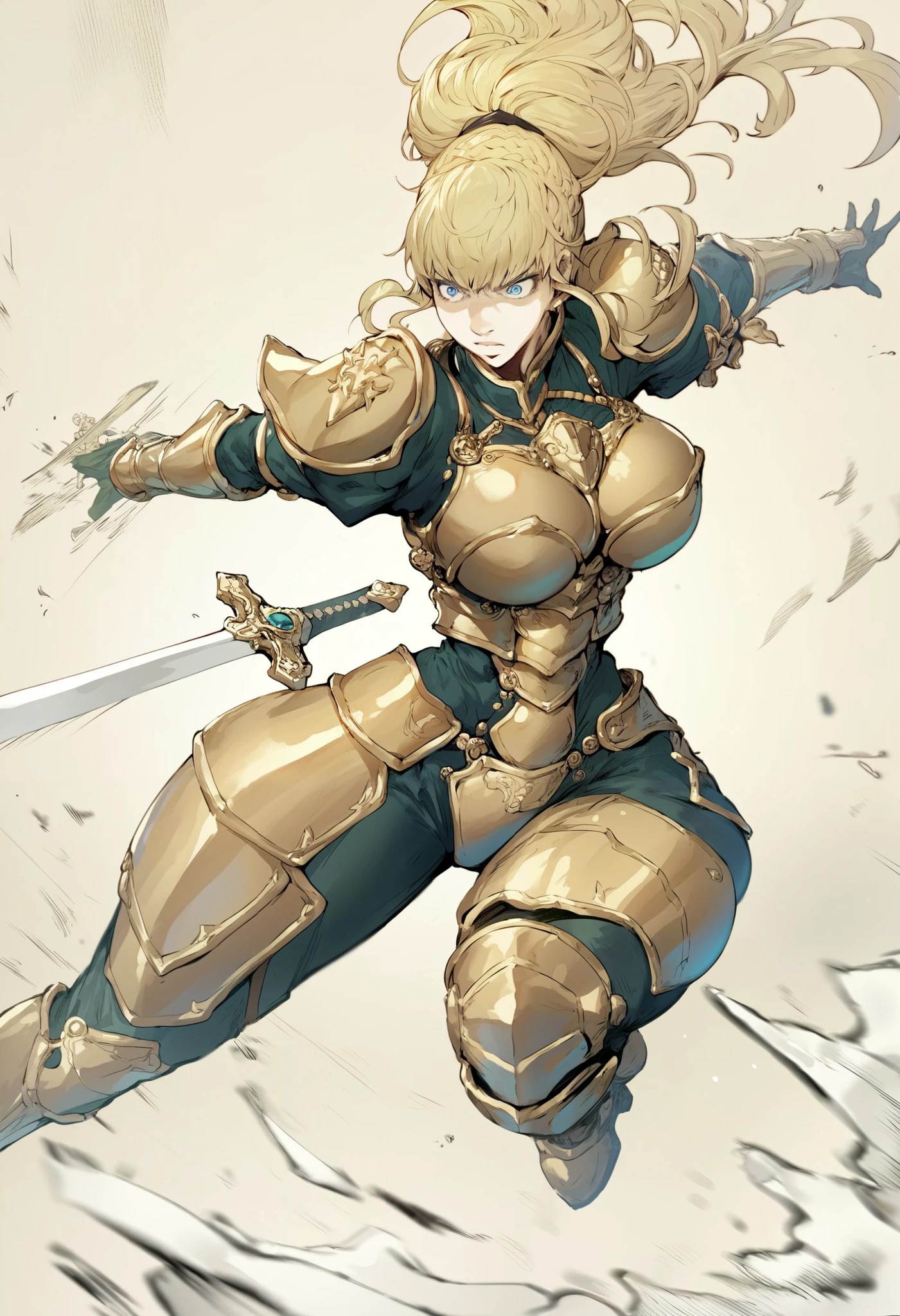 Sluttyoutfit, huge wide hips, big breasts, thin waist, narrow waist, sexy woman, pose fight, source_anime, anime_source, anime style, kunaboto style, score_9, score_8_up, score_8, Micro armor, claudia levantine, venus body, Two-handed sword, solo, detailed face 