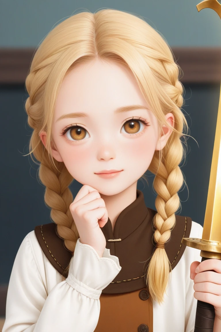 A 25-year-old young adult with blond hair and braids, with a big golden sword 