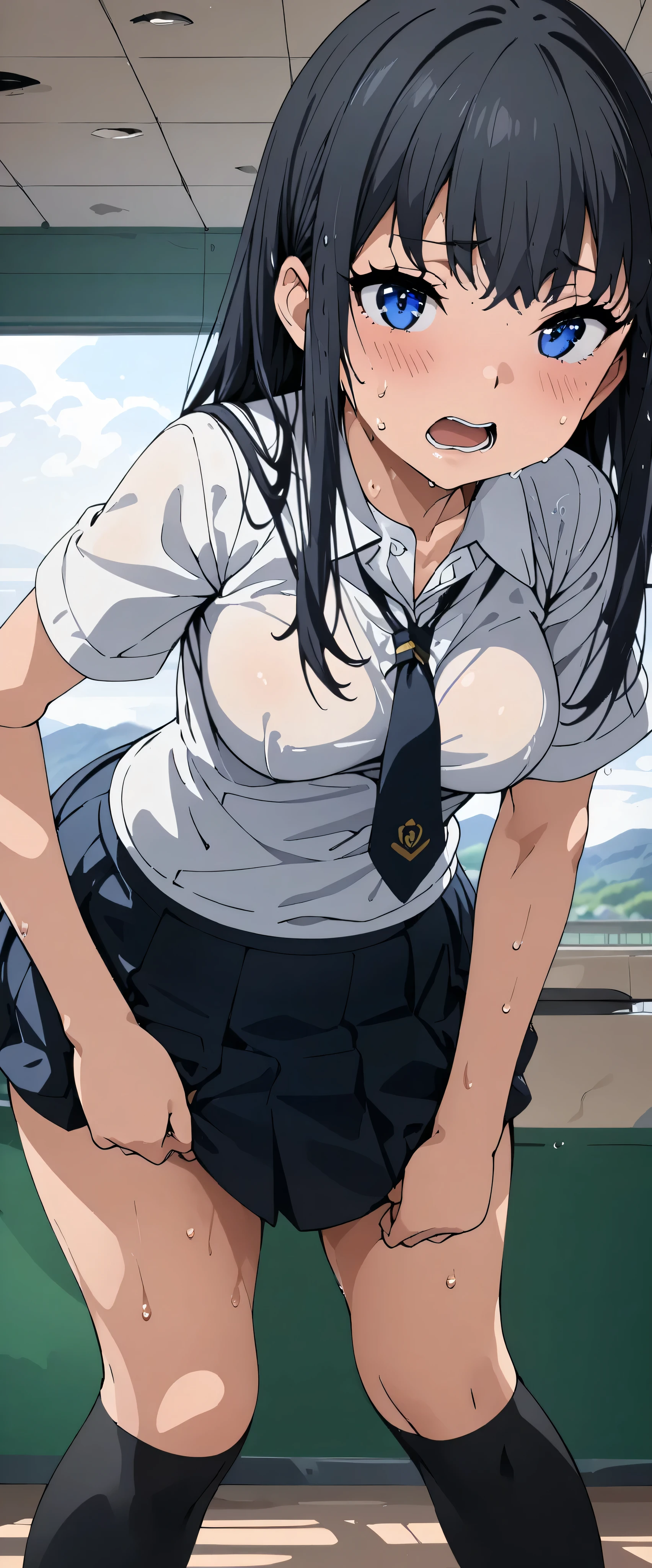 nsfw, 1girl in, (solo), masterpiece, best quality, 8K, hight resolution, extremely detailed girl, extremely detailed beautiful face, Beautiful skin, shiny skin, perfect anatomy, smile, looking at viewer, beautiful eyes, full body, medium breasts, Japanese, navel, school gym uniform, (buruma:1.3), (no bra), wet, outdoor, sports ground, athletics ground