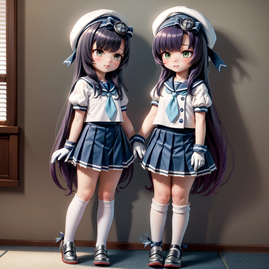 1girl, matsuwa, freckles, very long hair, purple hair, school uniform, hat, blue ribbon, blue sailor collar, blue neckerchief, juliet sleeves, short sleeves, white gloves, blue skirt, pleated skirt, kneehighs, white socks, shoes, grey footwear,
