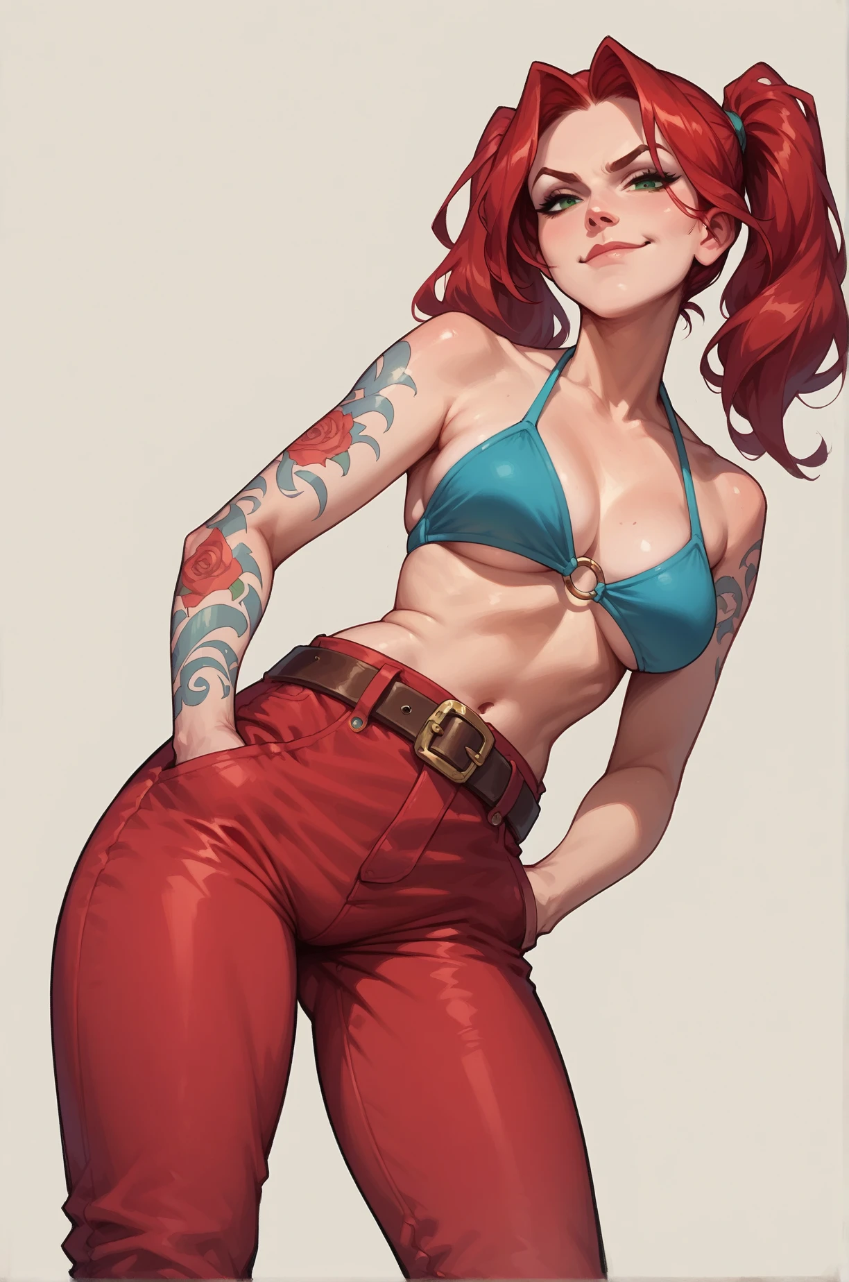 score_9, score_8_up, score_7_up, 1girl, green eyes, closed mouth, smirk, looking at viewer, red hair, smooth hair, twintails, bikini top, red pants, belt, hands in pockets, arm tattoo,  leaning forward, low view, simple background, from below