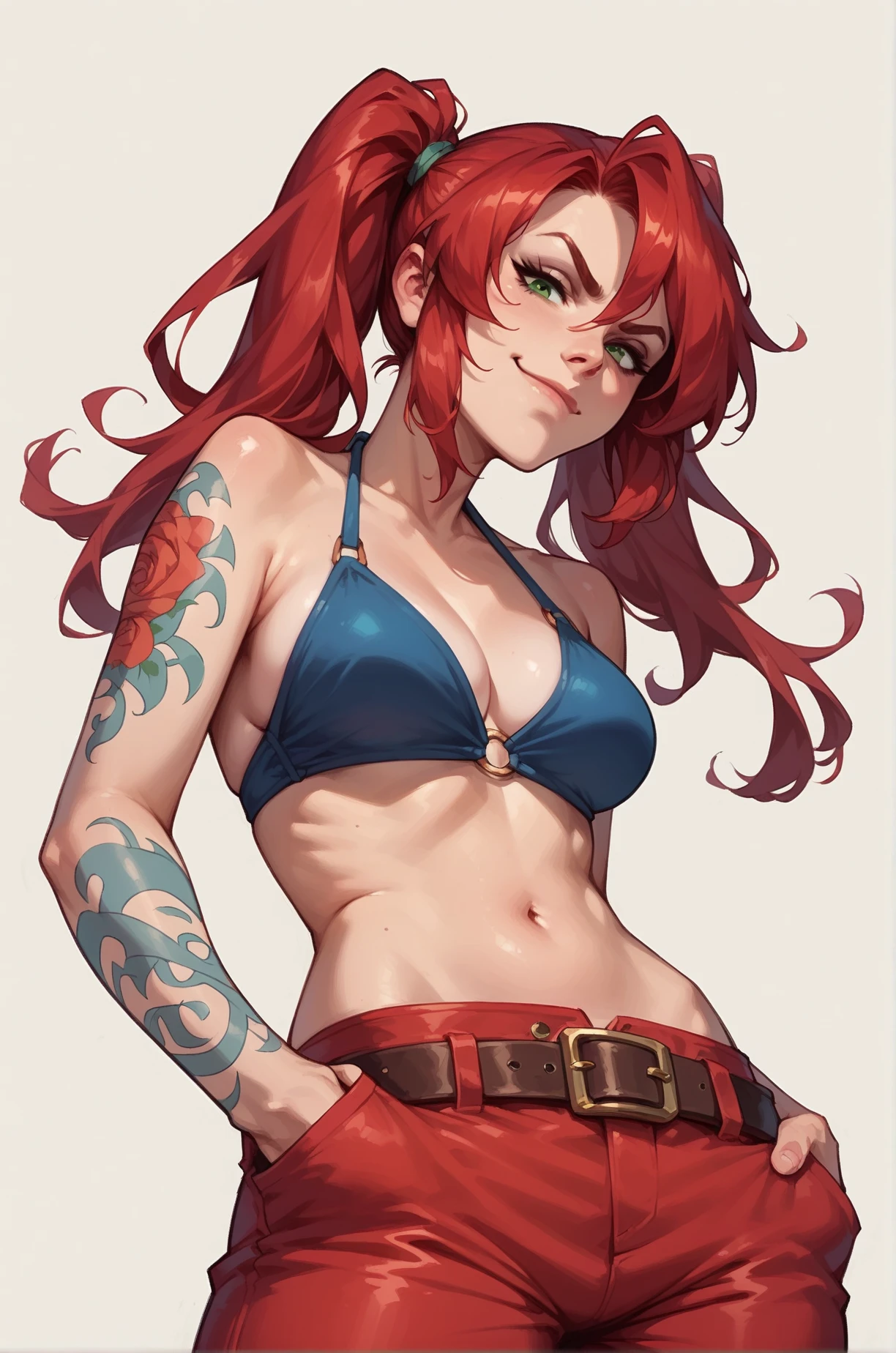 score_9, score_8_up, score_7_up, 1girl, green eyes, closed mouth, smirk, looking at viewer, red hair, smooth hair, twintails, bikini top, red pants, belt, hands in pockets, arm tattoo,  leaning forward, low view, simple background, from below