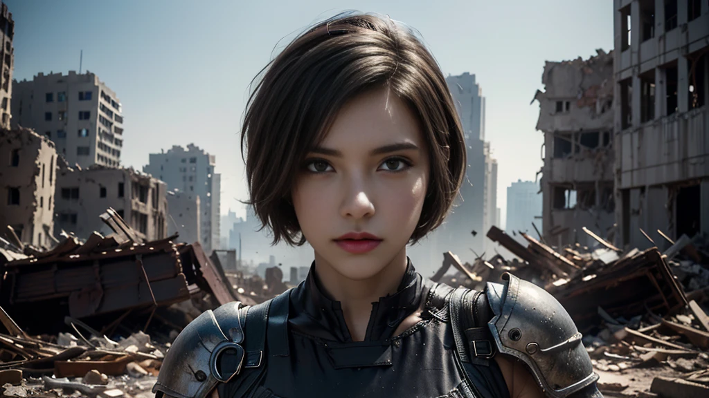 masterpiece,  high resolution ,8K,( Portrait Photos:1.5),(R Original Photo),Reality,Digital Photography,(Ruins of the Apocalypse  ),City ruins，20 year old pretty female ，Short hair，Shut up，  post-apocalyptic scene ， Upper body photography ，Damaged Armor，Full figure