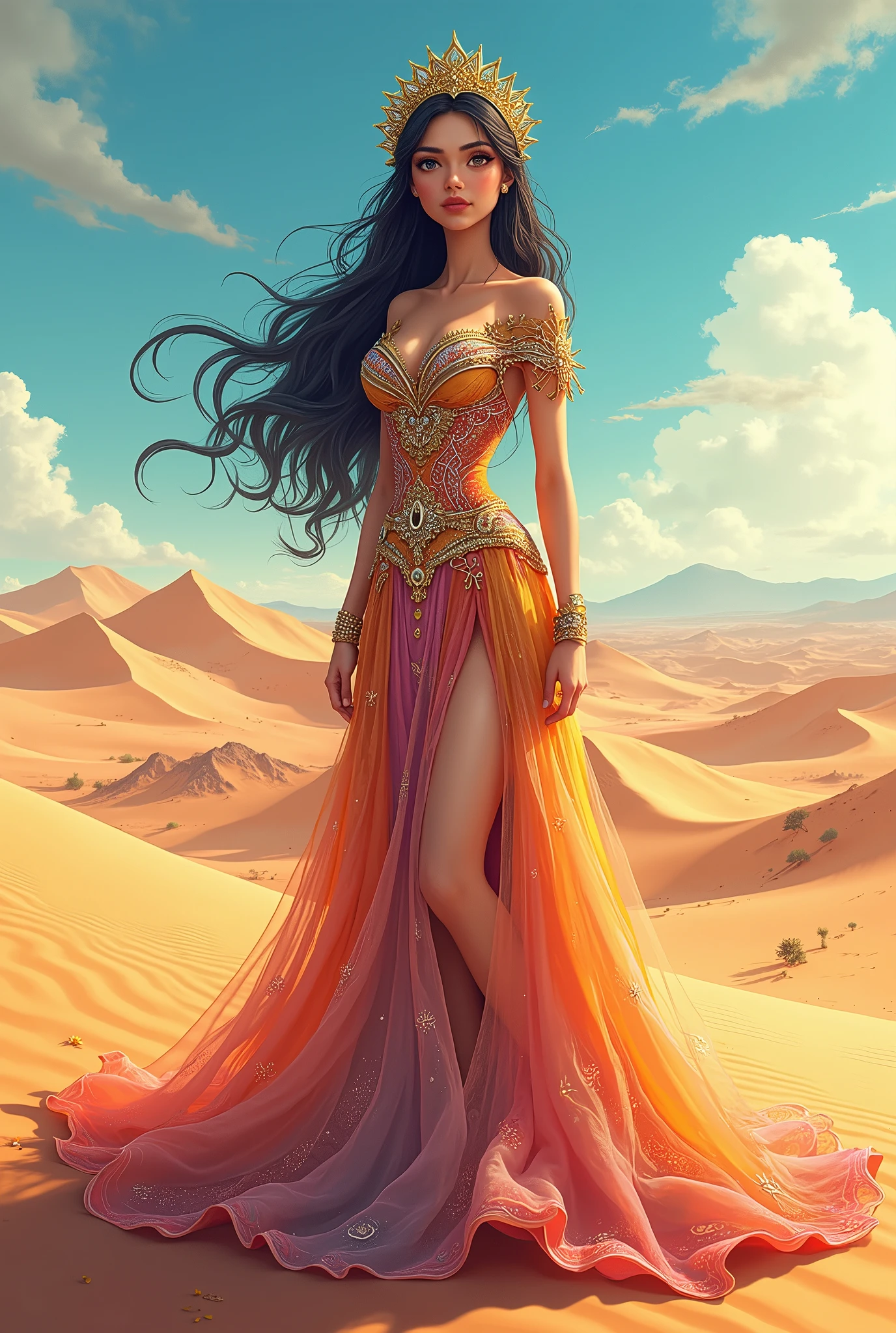  anime Arabian Nights, Queen of the Desert,  like a beautiful goddess ,  colorful dress , cartoon illustration art , 