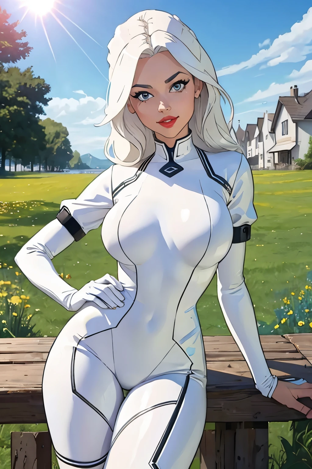 Hyper realistic and detailed full body photo one beautiful smiling modern swedish women wearing white latex outfit geting by a man . Perfect . Sun is shining. deck. Sharp light. perfect eyes. (Eye makeup:1.1), (highly detailed skin:1.1), RAW, analog style, sharp focus, 8k UHD, DSLR, high quality, Fujifilm XT3, grain, award winning, masterpiece.