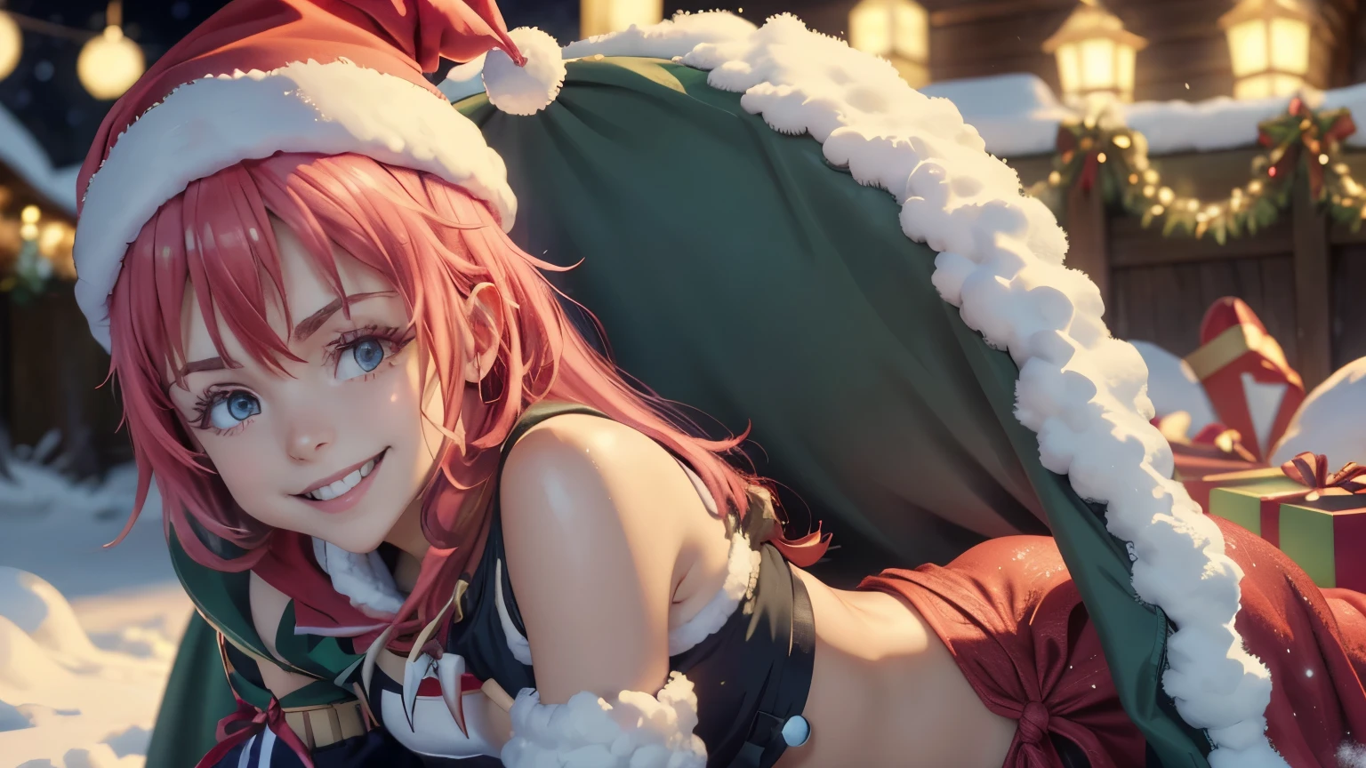 Milim Nava, A cute character milim nava wearing a festive Christmas hat, smiling, Christmas-themed environment, 4k, ultra-detailed, photorealistic, intricate details, warm lighting, snow, Christmas tree, presents, winter forest, magical atmosphere