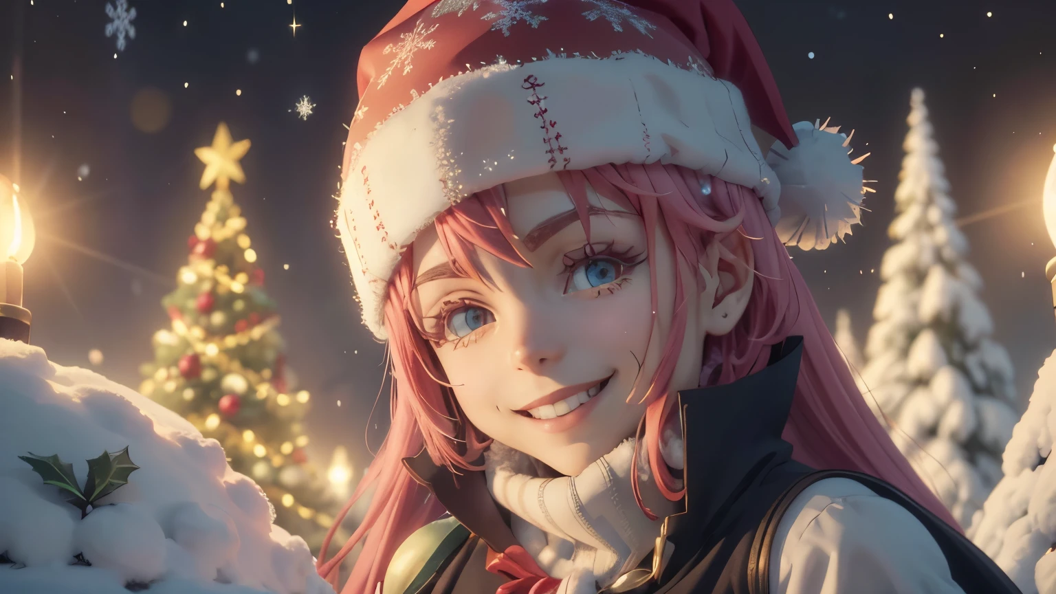 Milim Nava, A cute character milim nava wearing a festive Christmas hat, smiling, Christmas-themed environment, 4k, ultra-detailed, photorealistic, intricate details, warm lighting, snow, Christmas tree, presents, winter forest, magical atmosphere