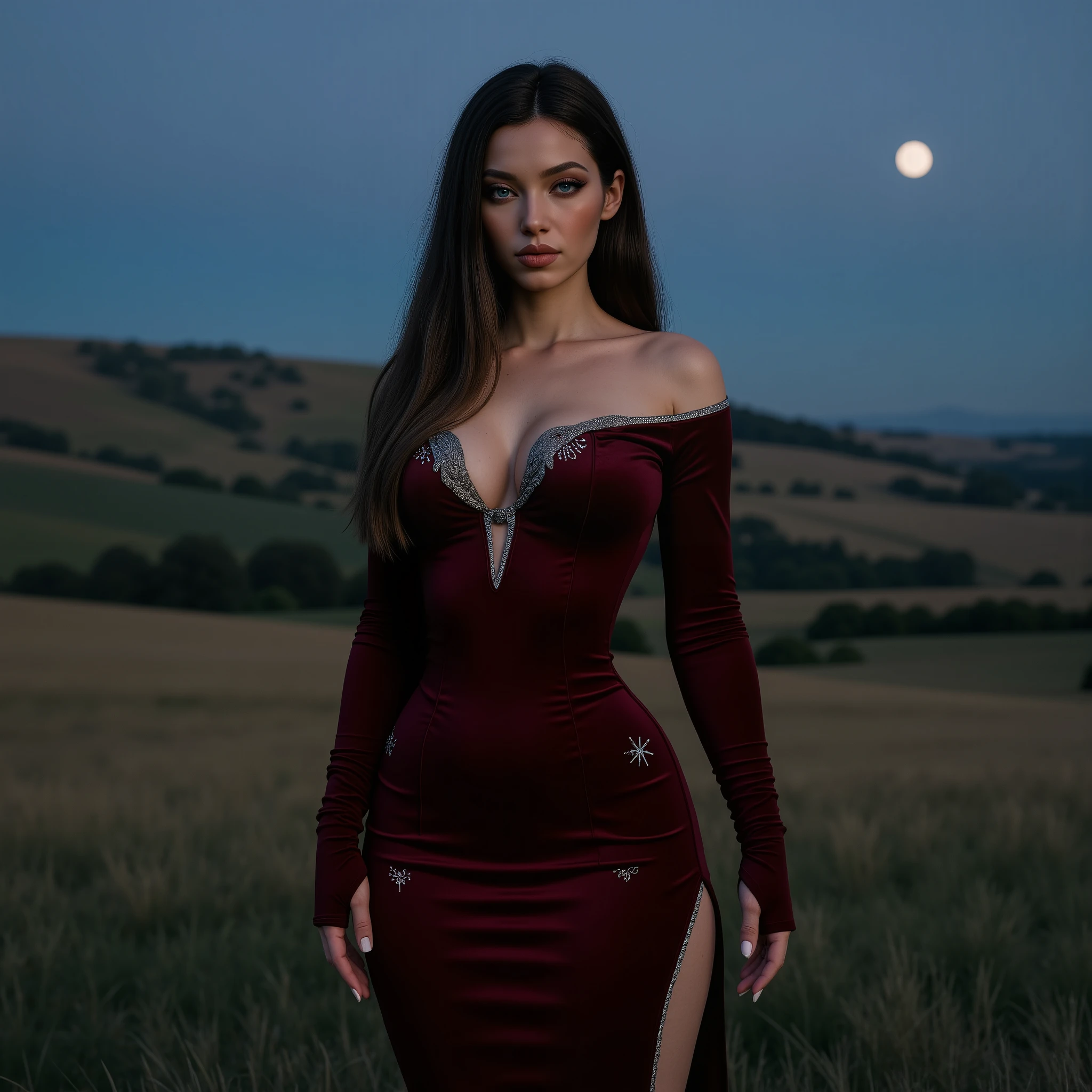 nikon, 135mm, (no lens flare:1.5), UHD, masterpiece, accurate, textured skin, super detail, high details, high quality, award winning, best quality, 4K, 8k, 16k, depth of field, analog, award-winning glamour photograph, ((best-Quality)), ((masterpiece:1.5)), ((Realistic)), hight resolution, Detailed facial features, extremely detailed body, Extremely detailed skin, extremly detailed eyes, higly detailed, Clear Focus, Smooth , Extremely detailed view, Octane Render, photo-realistic, postprocessed, (max detail:1.8), realistic shadows, roughness, Real life, ultra realisic, photo realism, HDR, very detailled, sharp-focus, aesthetic, extremely detailed clothing, (anatomically correct:1.4), (missbo:1.8), (alone:1.5), (blue eyes:1.9), (detailed eyes:1.9), (round black pupils:1.8), (long raven black hair:1.5), (beautiful and detailed face:1.6), (hourglass body shape:1.6), (perfect big breasts:1.9), (contoured cheekbones:1.5), (defined body:1.8), (fit body:1.8), (narrow shoulders:1.9) looking at viewer, seductive gaze, natural hands, (smirks:1.8), The witcher series. Cosplay as Yennefer from Vengerberg. The outfit is a fitted off-shoulder gown in crimson red velvet with a high slit and delicate silver embroidery at the hem. A long sheer cape, embroidered with stars, flows behind her. Her hair is styled in an intricate braid, and she wears long black gloves that end just above her elbows. The location is a vast, twilight field surrounded by rolling hills. The sky is painted in deep blues and purples, with stars beginning to twinkle above. A crescent moon hangs low on the horizon, completing the magical aesthetic.