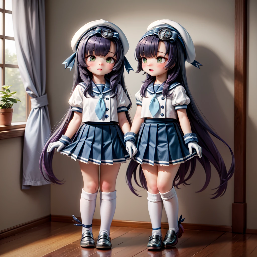 1girl, matsuwa, freckles, very long hair, purple hair, school uniform, hat, blue ribbon, blue sailor collar, blue neckerchief, juliet sleeves, short sleeves, white gloves, blue skirt, pleated skirt, kneehighs, white socks, shoes, grey footwear,
