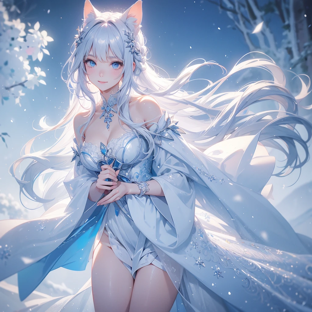 ((Masterpiece, Best Quality), blue eyes, furry blue fox ears, blue tail, white body hair, super detailed illustration, HD texture, exquisite details, 1 girl, character wearing blue long-sleeved dress, long blue hair, blush, outdoor environment, in a snowy mountain, standing