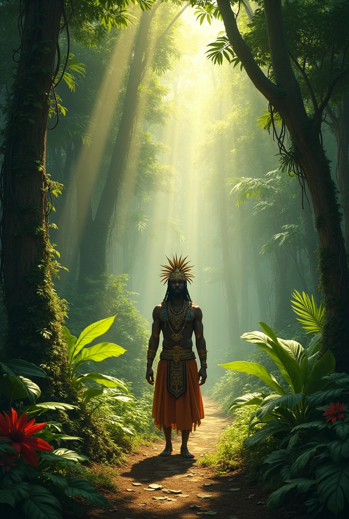 Alex Horley style art, full body, 1 indigenous Brazilian using psychic ability, concentrated cereno, fingers on temples, glowing eyes, transcendental psychedelic, Amazon rainforest scene, 4k image.