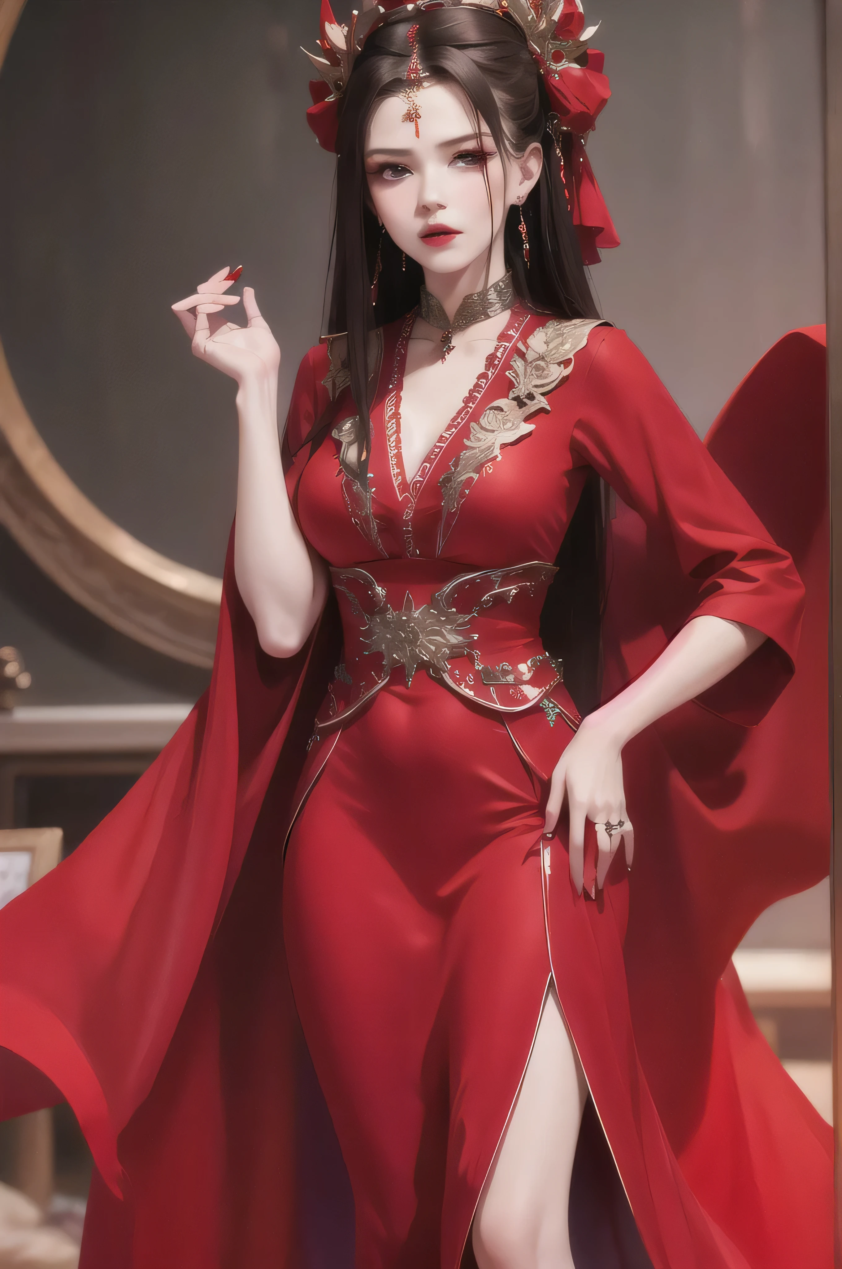 best quality, masterpiece, highres, official art, extremely detailed cg unity 8k wallpaper, 1girl, long hair, jewelry, hair ornament, realistic, she's wearing the traditional chinese red wedding gown, she's wearing a red veil covering her nose and mouse, full body, she looks angry