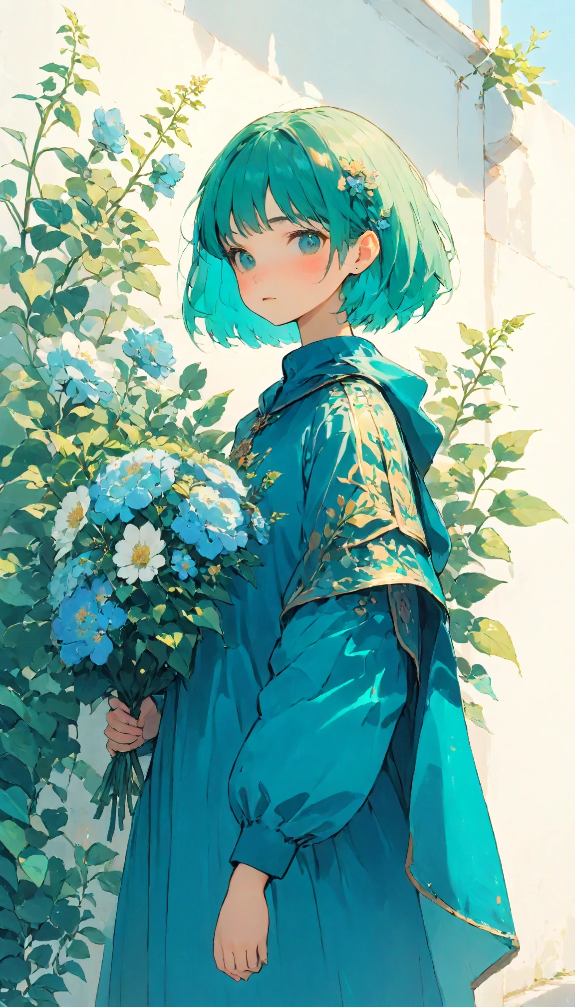 A woman standing in front of a white wall with a bouquet of flowers, Short hair, LOFI Girl, Ivy, wearing blue-Green clothes, With flowers, Low quality photos, With cape, Green clothes, photo shoot, Smooth input _ With background, LOFI Girlのaesthetics, 🤤 Portrait of a Girl, beautiful!!, Wearing long, loose clothing, Casual pose,  aesthetics