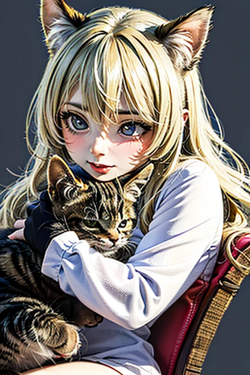 Image: Show Emma, a kind-hearted girl with a warm smile, wearing her adventure hat. She is holding the lost kitten gently in her arms, showcasing her care and compassion. Animated picture. --auto