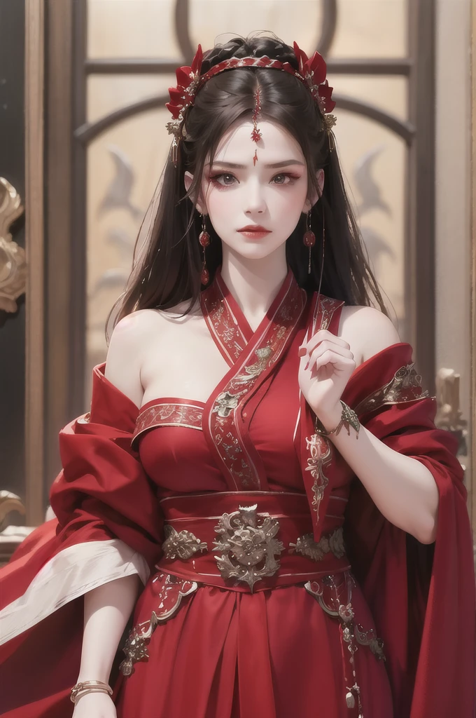 best quality, masterpiece, highres, official art, extremely detailed cg unity 8k wallpaper, 1girl, long hair, jewelry, hair ornament, realistic, she's wearing a beautiful red chinese hanfu dress, she's wearing a red veil covering her nose and mouse, full body, she looks angry