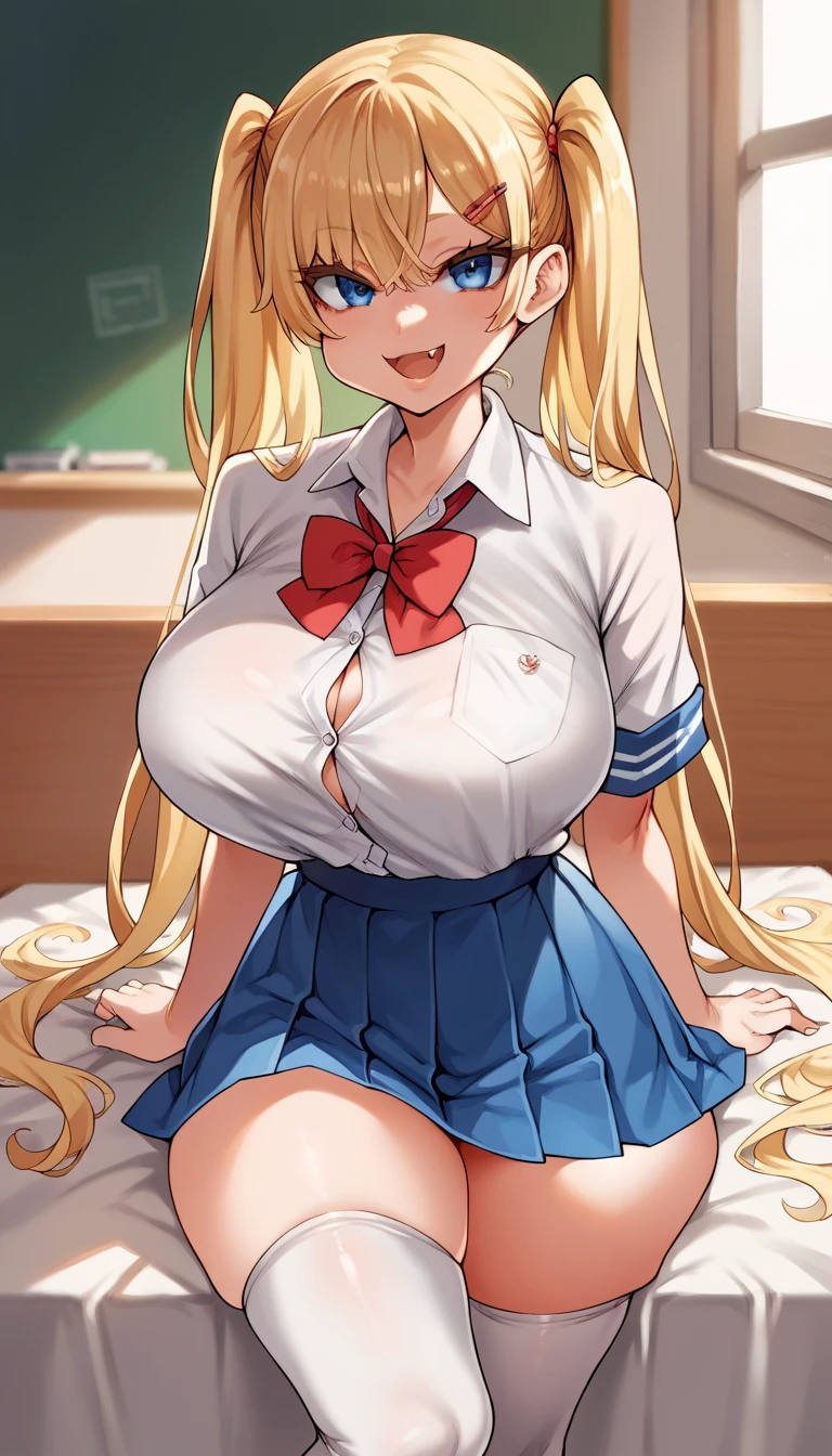 score_9,score_8_up,score_7_up,score_6_up,score_5_up,score_4_up,(source_anime),1girl,solo,long hair,breasts,looking at viewer,smile,open mouth,blue eyes,skirt,blonde hair,shirt,thighhighs,twintails,very long hair,school uniform,thighs,pleated skirt,fang,huge breasts,white thighhighs,blue skirt,skindentation,thick thighs,tented shirt,colored eyelashes,school,