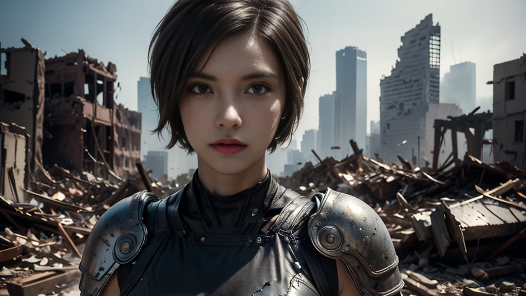 masterpiece,  high resolution ,8K,( Portrait Photos:1.5),(R Original Photo),Reality,Digital Photography,(Ruins of the Apocalypse  ),City ruins，20 year old pretty female ，Short hair，Shut up，  post-apocalyptic scene ， Upper body photography ，Damaged Armor，Full figure