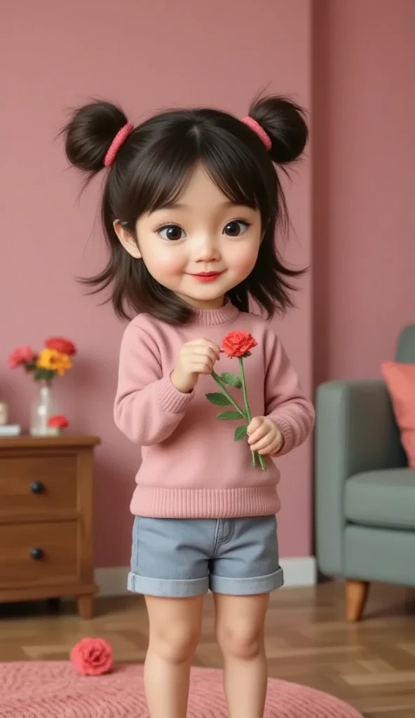 ((picture taken from the side))
The style is 3D animation with a Vibrant color palette, in 3 D animation image, wearing home women's clothing, barefoot, standing receiving flowers from a cute and adorable with her hair into two buns on top and bangs, wearing a pastel sweater, blue shorts, barefoot, background of the living room in the house with pink painted walls.