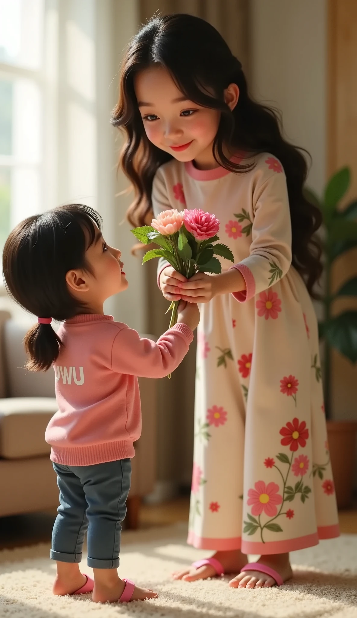 3D animation pixar of amira with long loose wavy hair without buns)), amira wearing floral print long dress with pink sandal, standing up in living room with , amira bend her body to receive flower bouquet from a beautiful and cute  girl, blushing cheeks, wearing a pink sweater with "uwu" printed on the front ((uwu printed in white)), blue trousers, pink flip-flops, holding hands, pixar, 3d animations, mother's day vibe, pixar, cg art