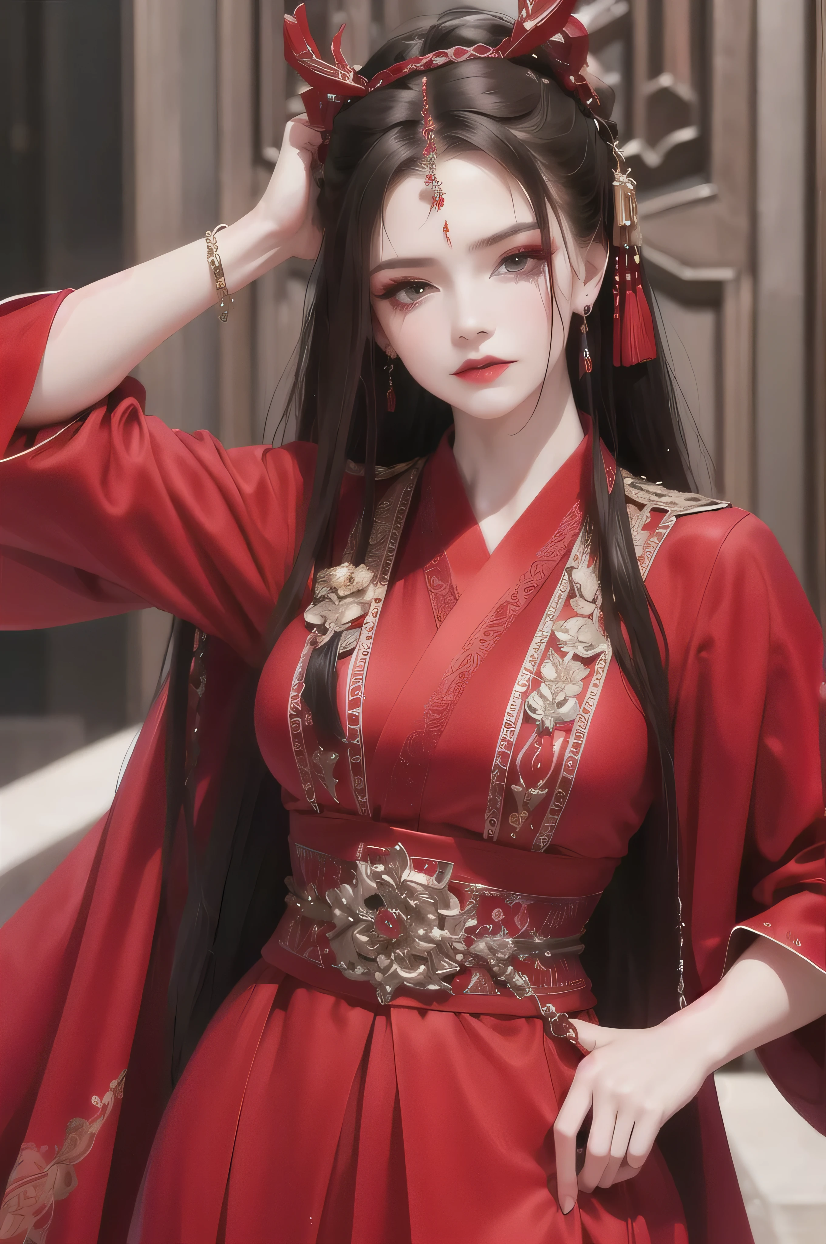 best quality, masterpiece, highres, official art, extremely detailed cg unity 8k wallpaper, 1girl, long hair, jewelry, hair ornament, realistic, she's wearing a beautiful red chinese hanfu dress, she's wearing a red veil covering her nose and mouse, full body, she looks angry