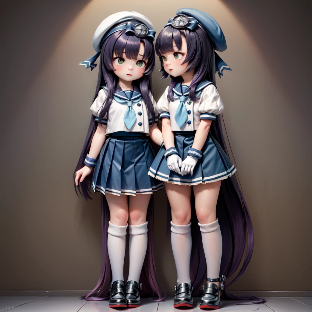 1girl, matsuwa, freckles, very long hair, purple hair, school uniform, hat, blue ribbon, blue sailor collar, blue neckerchief, juliet sleeves, short sleeves, white gloves, blue skirt, pleated skirt, kneehighs, white socks, shoes, grey footwear,
