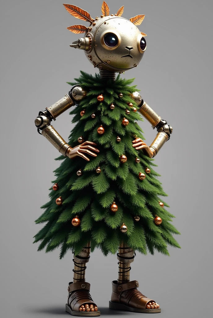   Mechanical object inspired by the Margaret  with a round metallic head in the shape of a circle with metallic petals disappointed on its metallic head in the shape of Margaret, magnificent arms on body,wearing  Christmas tree costume that hides half its leg ,(hands on hips), mechanical metal feet,