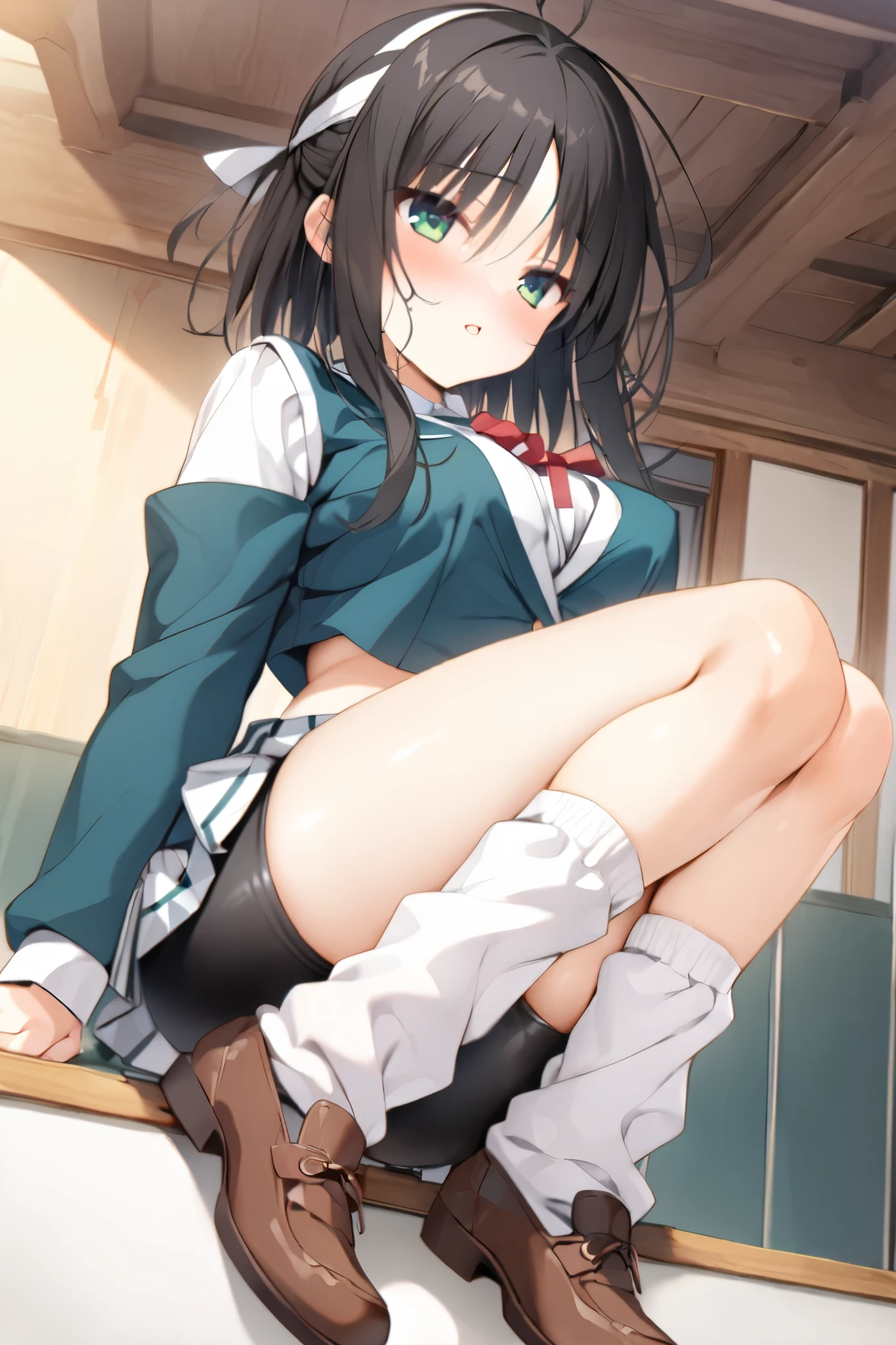 NSFW,masterpiece, top quality , high res, very detailed,Hitachi Mako 、Yuzu Soft、 black hair、 medium hair、Green Eyes、 、 medium bust,hitachi_Week_school_uniform、 School Uniforms、side lock、short hair and long rock 、 headband、Tassel、 white sailor color 、 blue jacket、 cropped jacket 、Sleeveless、Red ribbon、 shirt、白 shirt、 Long Sleeve 、 skirt、青 skirt、フリル skirt、 black shorts、ショートパンツアンダー skirt、 bike shorts、 white socks、 Loose Socks 、shoes、Brown footwear