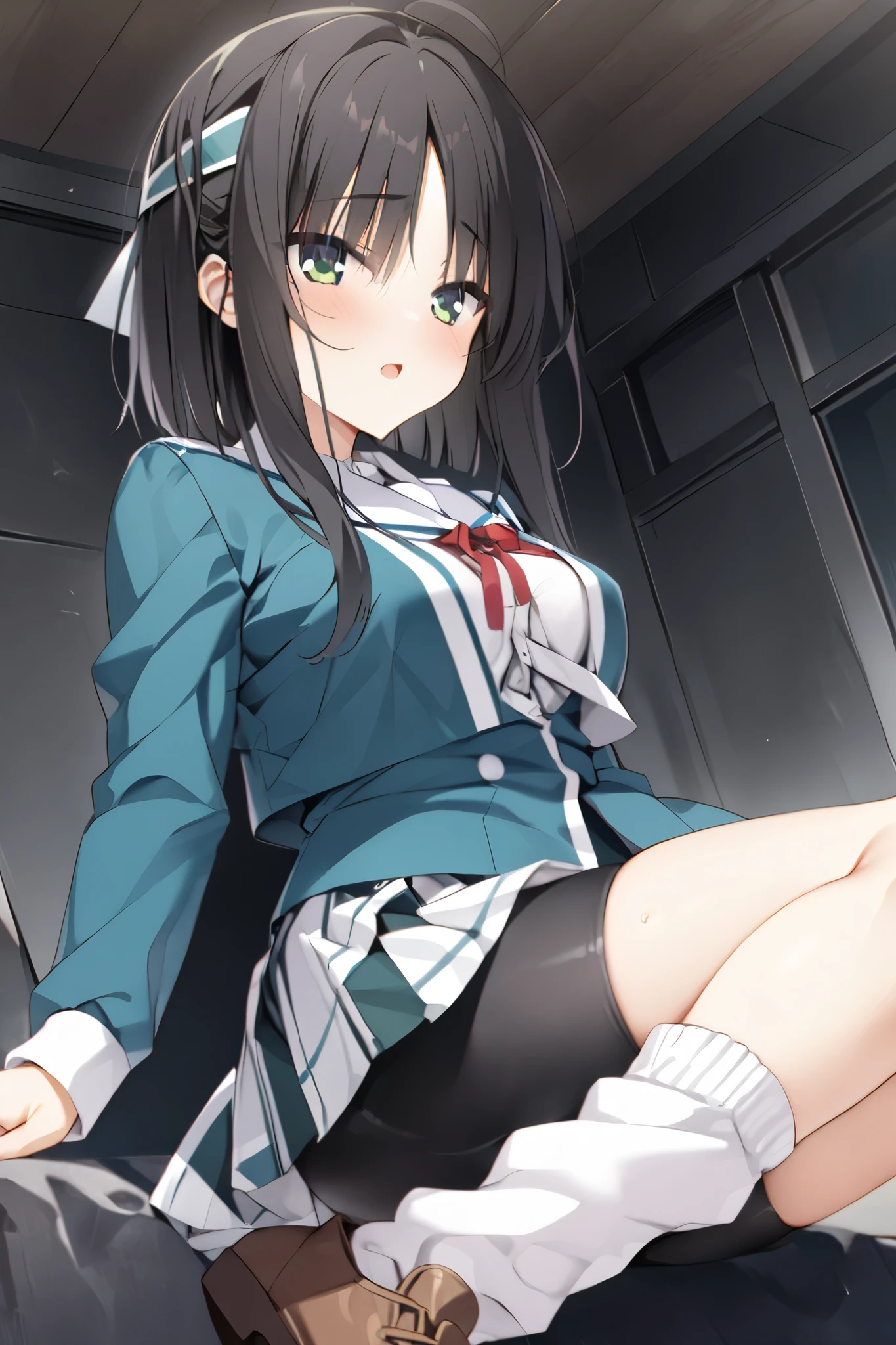 NSFW,masterpiece, top quality , high res, very detailed,Hitachi Mako 、Yuzu Soft、 black hair、 medium hair、Green Eyes、 、 medium bust,hitachi_Week_school_uniform、 School Uniforms、side lock、short hair and long rock 、 headband、Tassel、 white sailor color 、 blue jacket、 cropped jacket 、Sleeveless、Red ribbon、 shirt、白 shirt、 Long Sleeve 、 skirt、青 skirt、フリル skirt、 black shorts、ショートパンツアンダー skirt、 bike shorts、 white socks、 Loose Socks 、shoes、Brown footwear