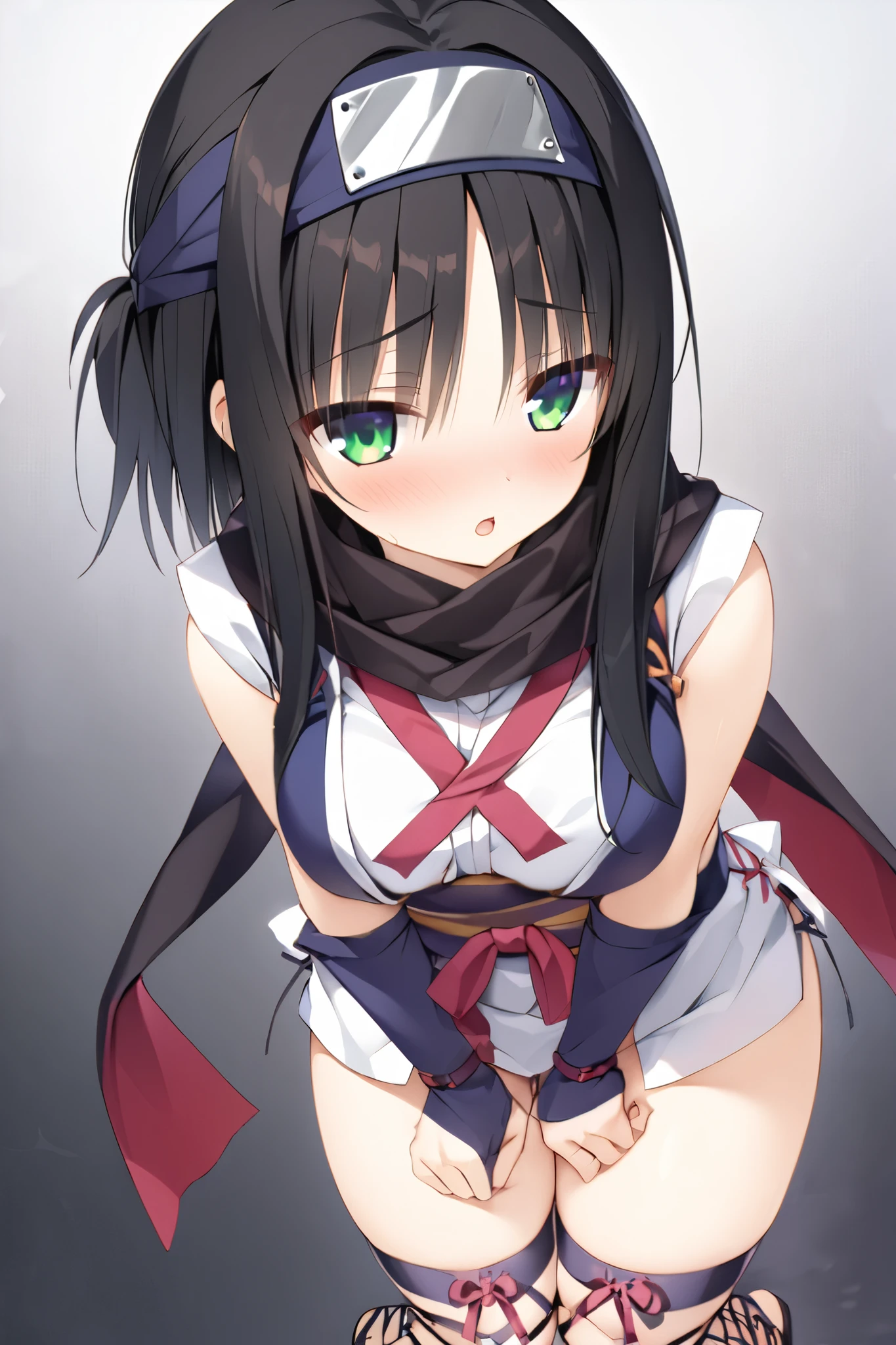 NSFW,masterpiece, top quality , high res, very detailed,Hitachi Mako 、Yuzu Soft、 black hair、 medium hair、Green Eyes、 、 medium bust,hitachi_Week_ninja_clothing、Ninja_clothing、side lock、 short hair 、 Long Locks、Forehead protector、black scarf 、Red scarf、 two-tone scarf 、 kimono、Ninja、 sleeveless 、Red ribbon、Purple Belt、gloves、青gloves、肘gloves、指なしgloves、short kimono 、 leg warmers with bow、 cross lace legwear、Sandals、 toeless footwear 